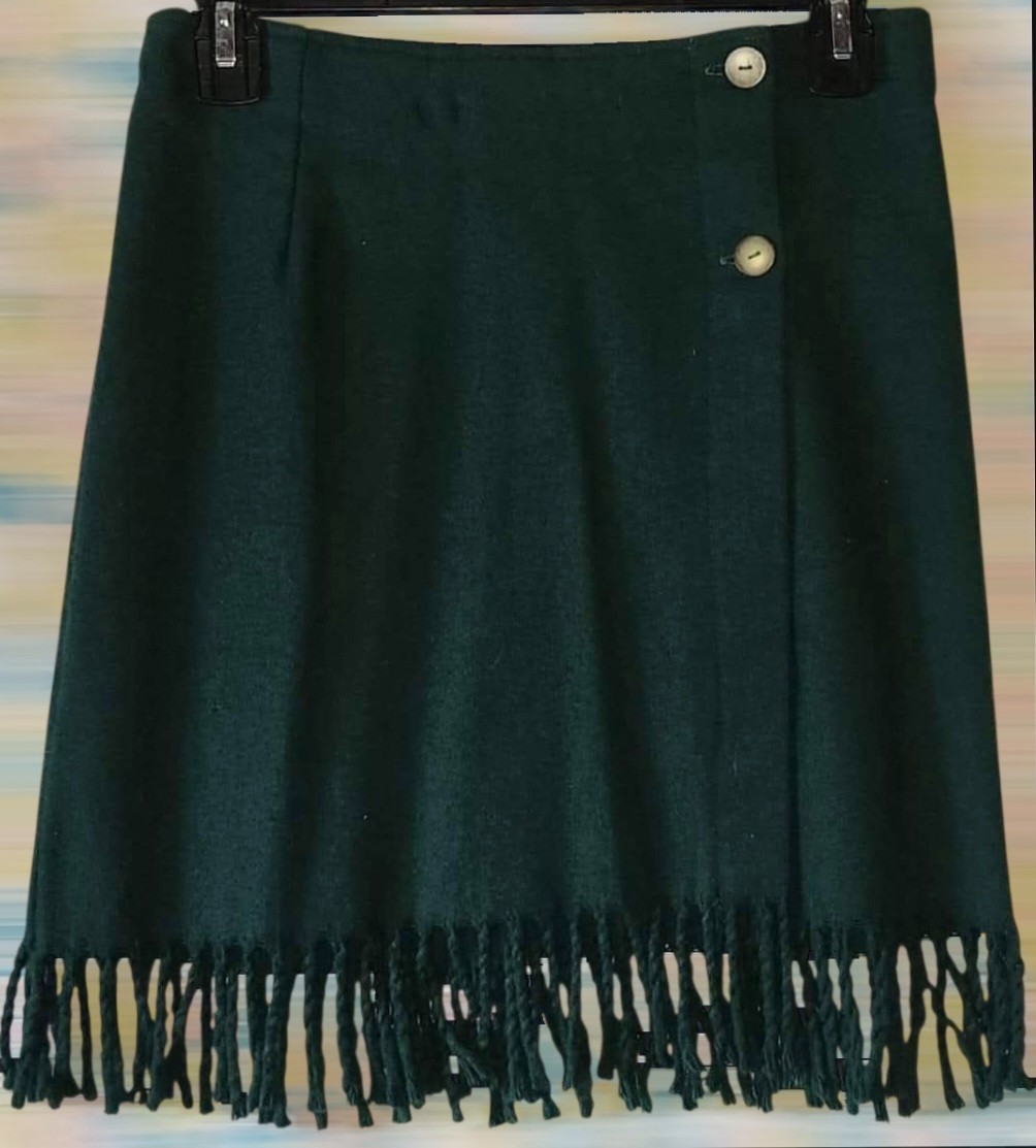 Vintage 1990s Forest Green Fringed Mini Skirt by Niki Lee California Excellent!