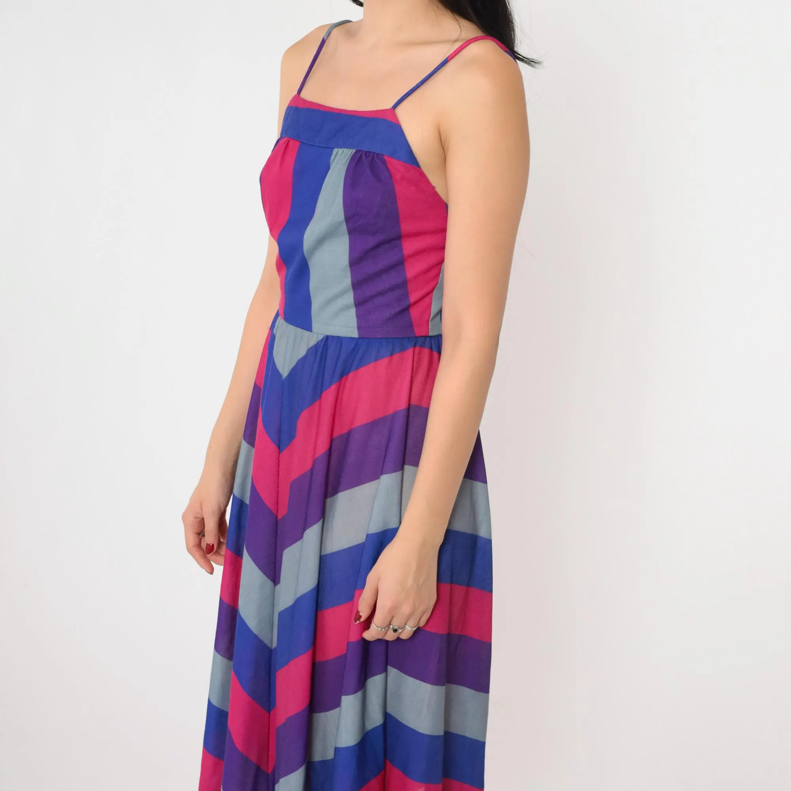 80s Sundress Chevron Striped Midi Dress Blue Pink Purple Boho Hippie 1980s Bohem