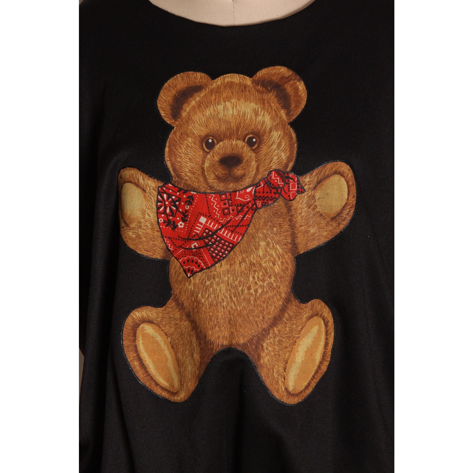 1970s Black Brown Red Short Sleeved Draped Western Bandana Teddy Bear Blouse