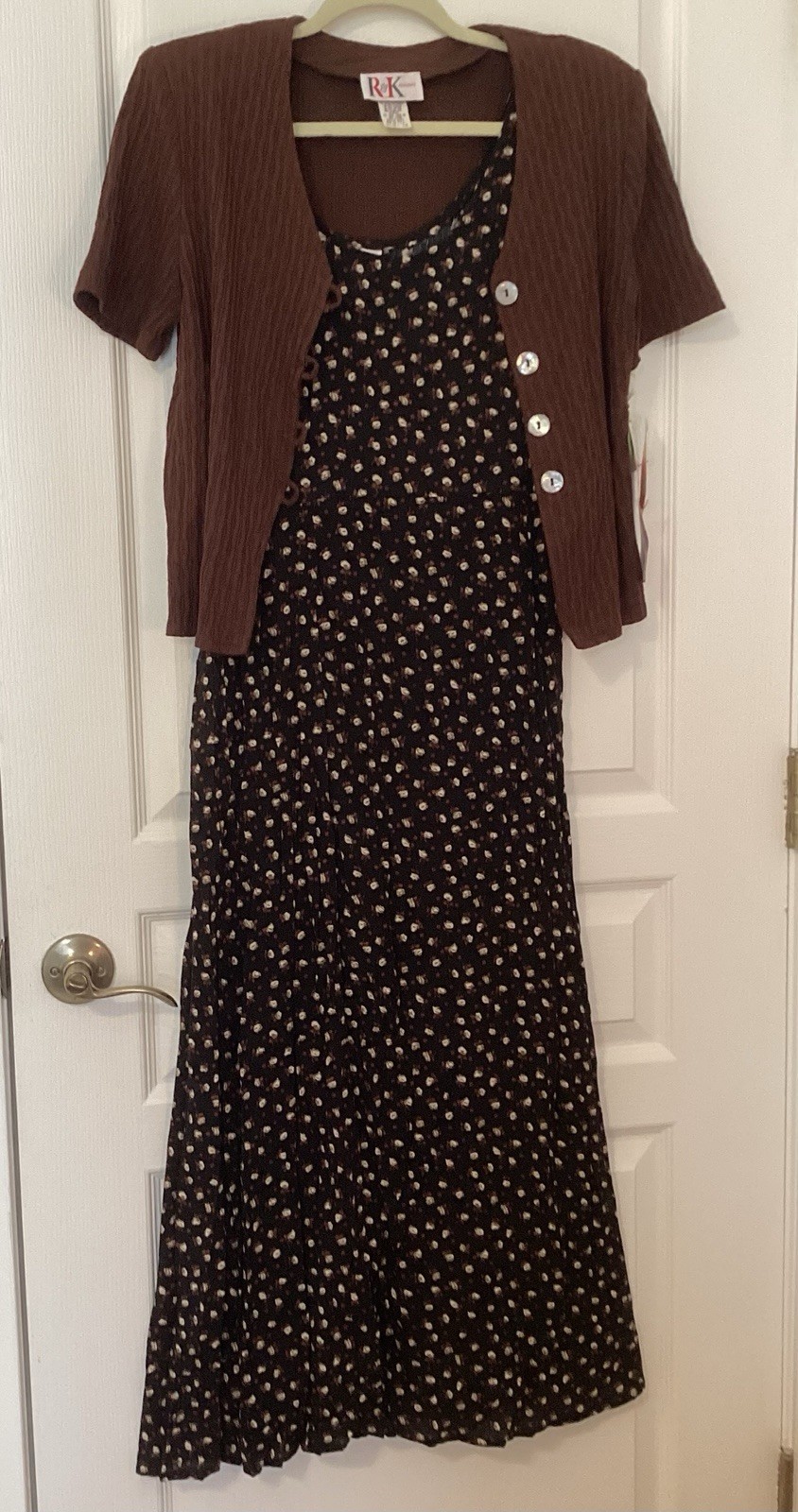 R&K Originals Vintage Maxidress &Cardigan Set Size10 Black/Brown Ditsy Print NWT