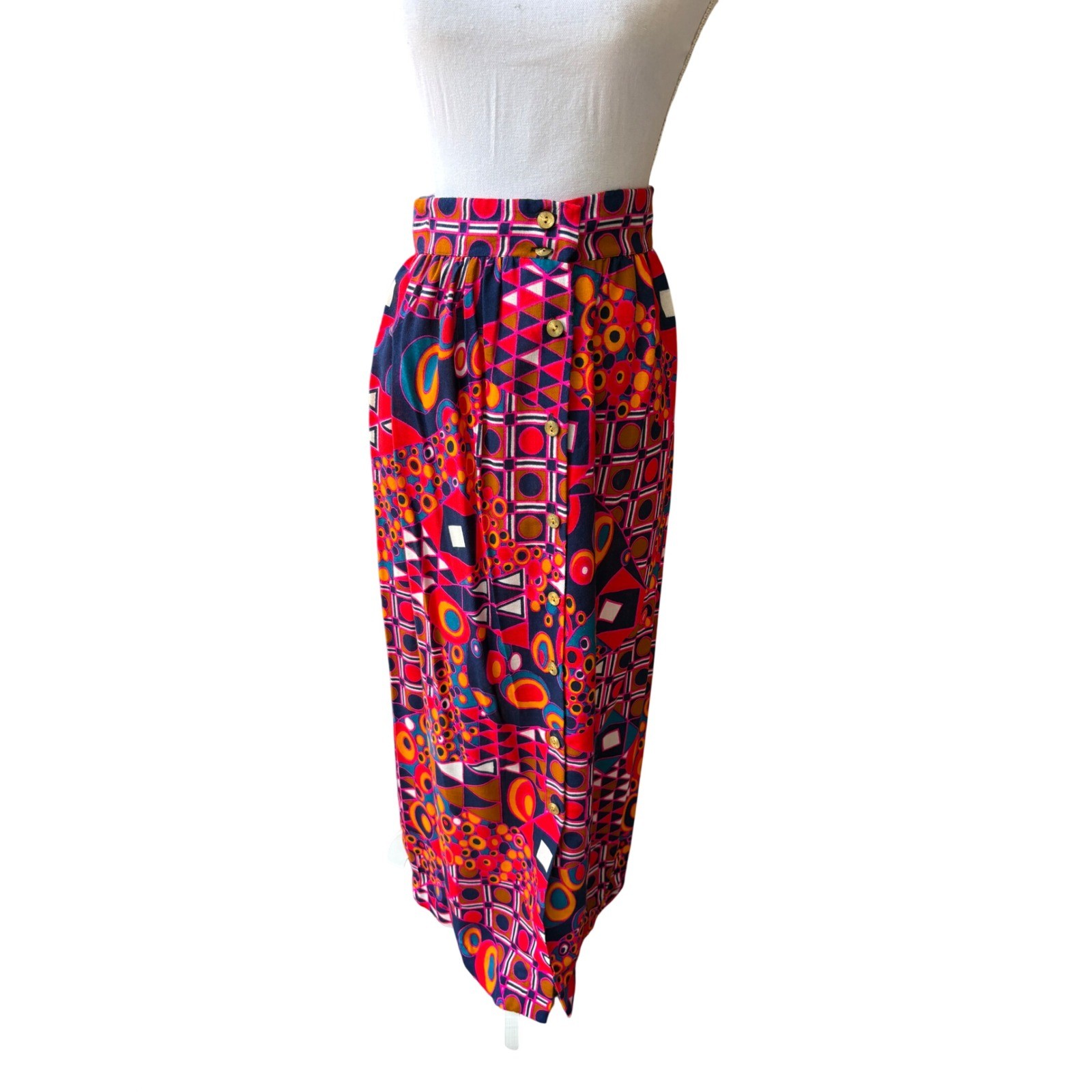 Vintage Geometric Abstract Print Maxi Skirt Retro Small / 6 Pink