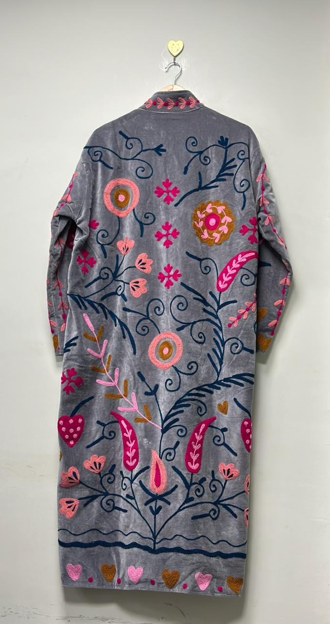 Woman’s Velvet Suzani Coat Embroidered Floral Boho Long Gown & Boho Jackets US