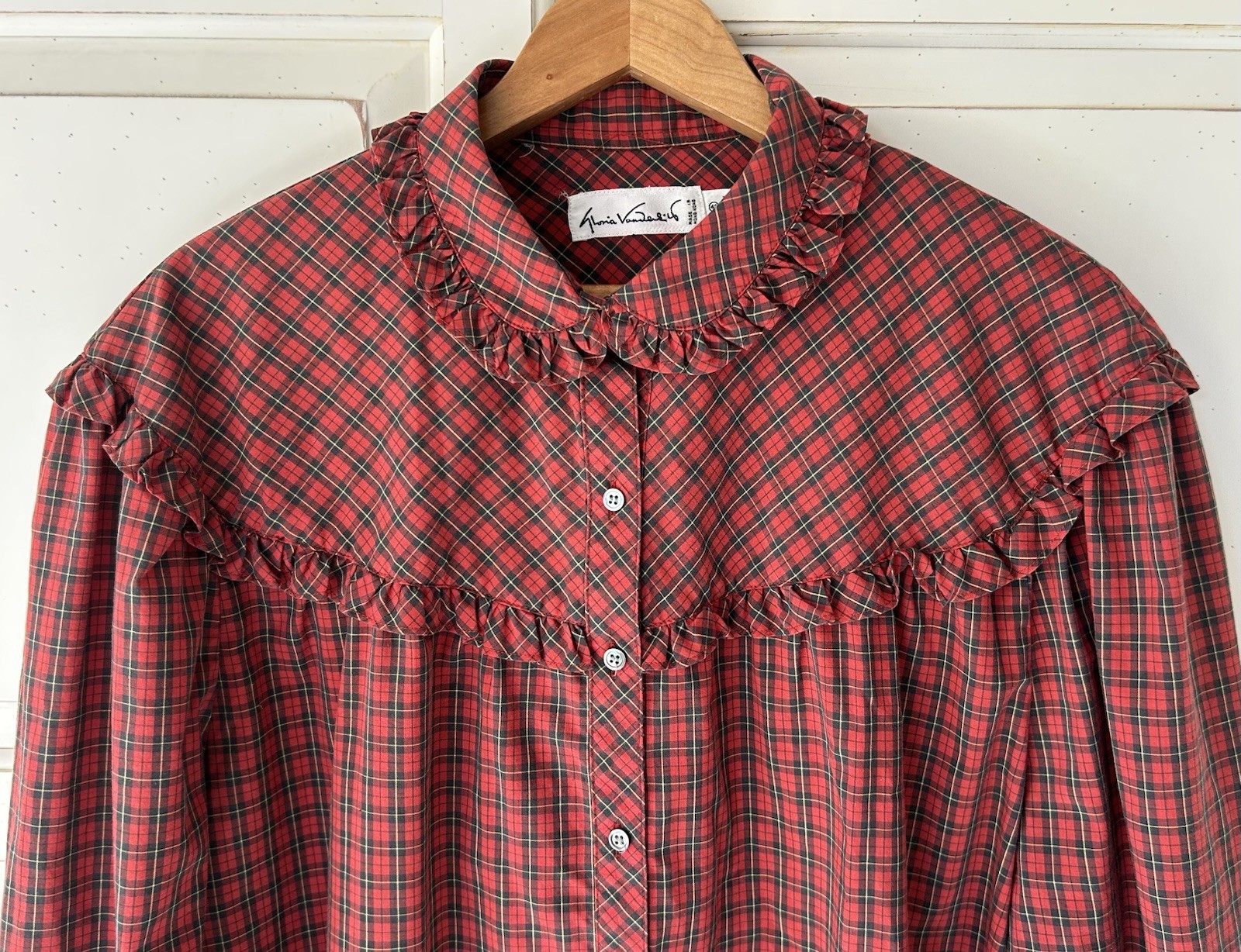 VTG 70s GLORIA VANDERBILT Plaid Ruffle Trim Prairie Victorian Button Top Sz 40