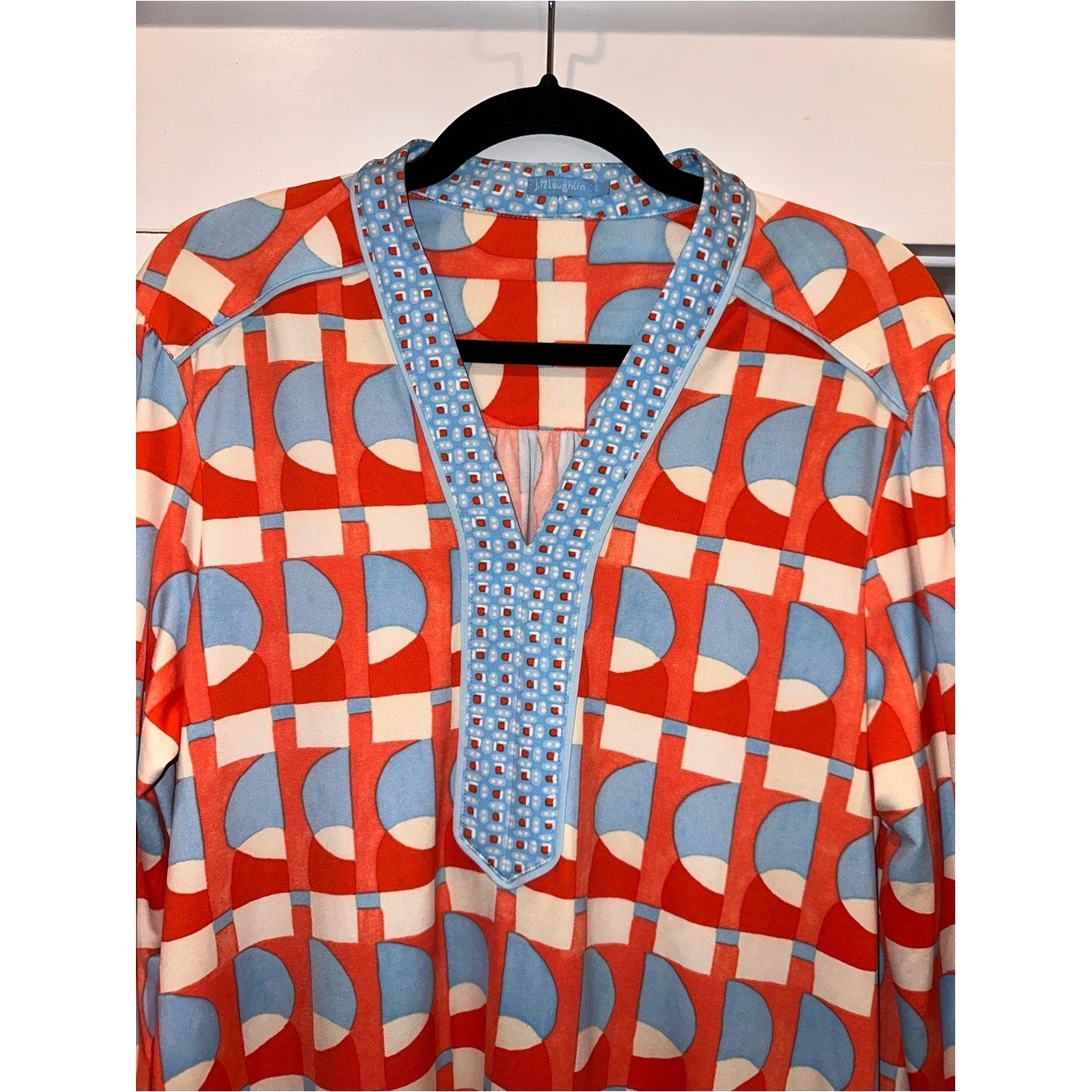 J. McLaughlin Size Large Retro Geometric MIDI Dress in Coral & Light Blue