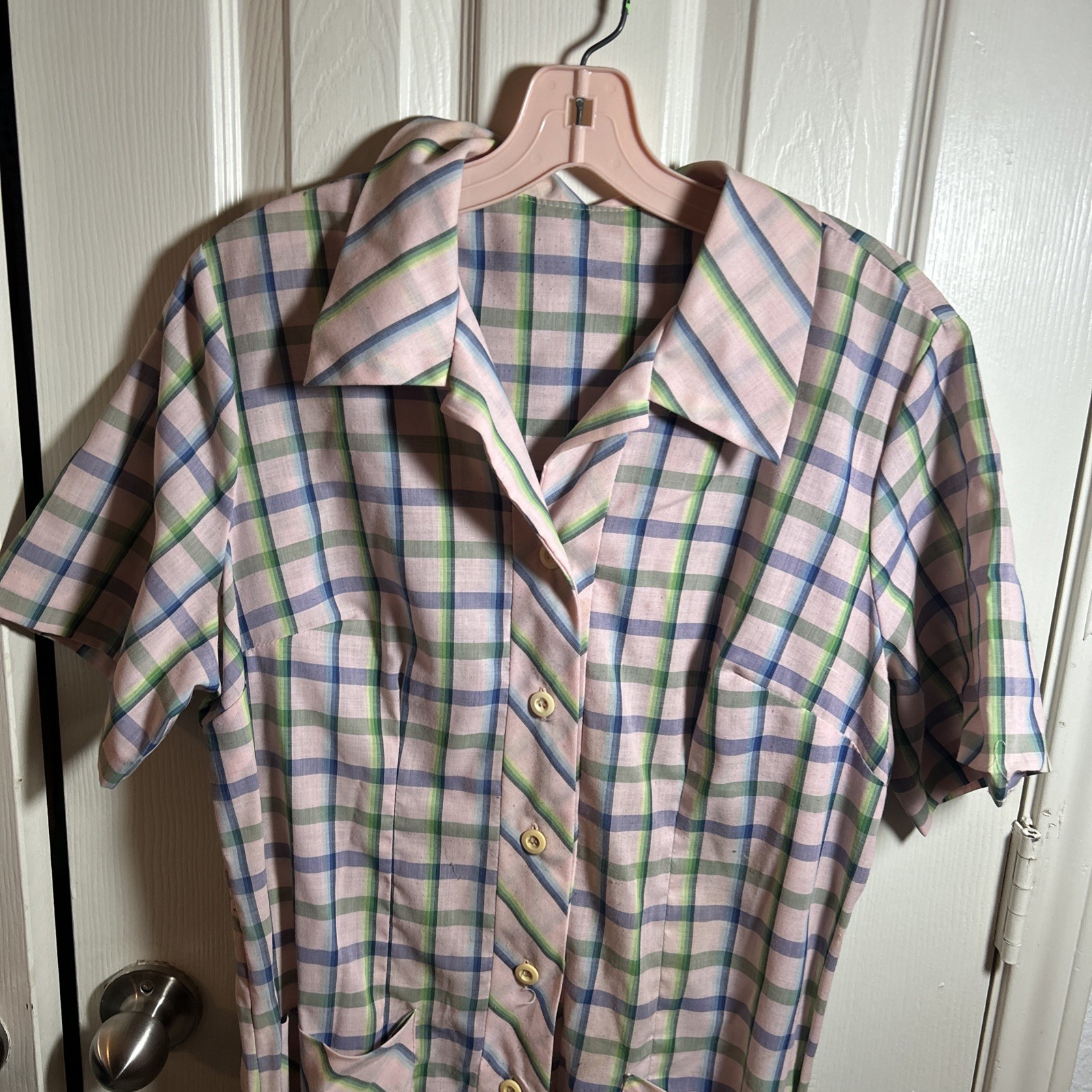 VTG 1950s Pink Blue Green Plaid Shirt Dress W/ Belt and Pockets See Meas. M/L