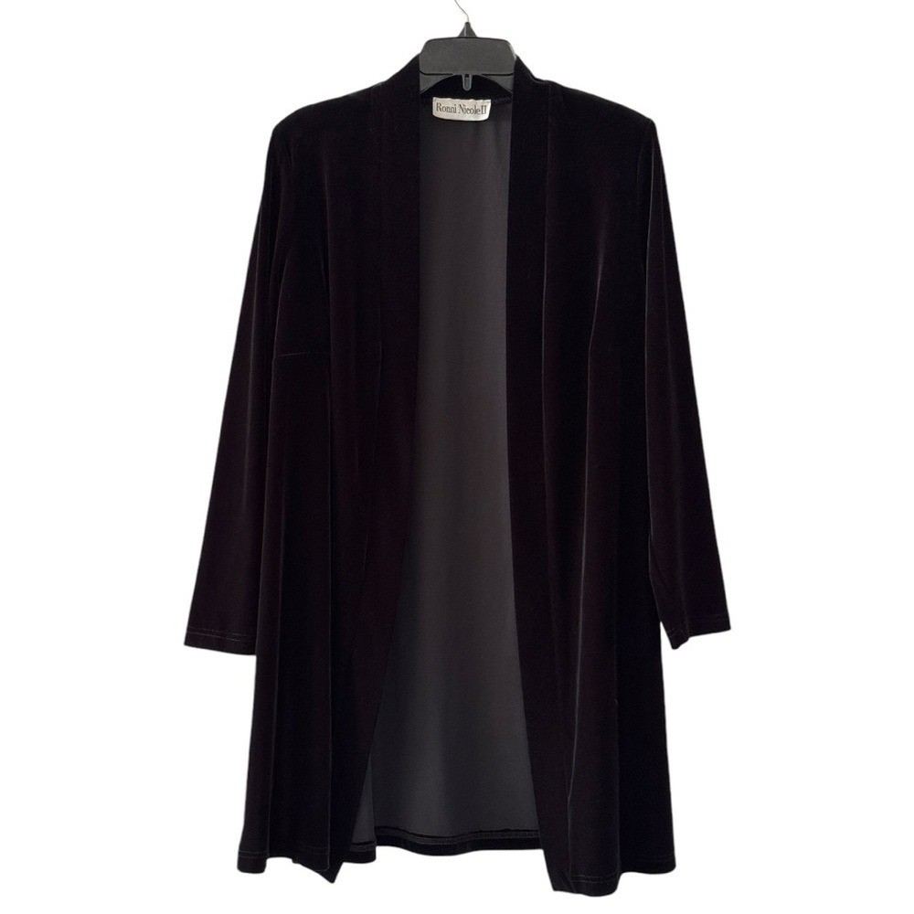 VTG Ronni Nicole II Black Stretch Velvet Duster Kimono Cardigan Long Sleeve 14W