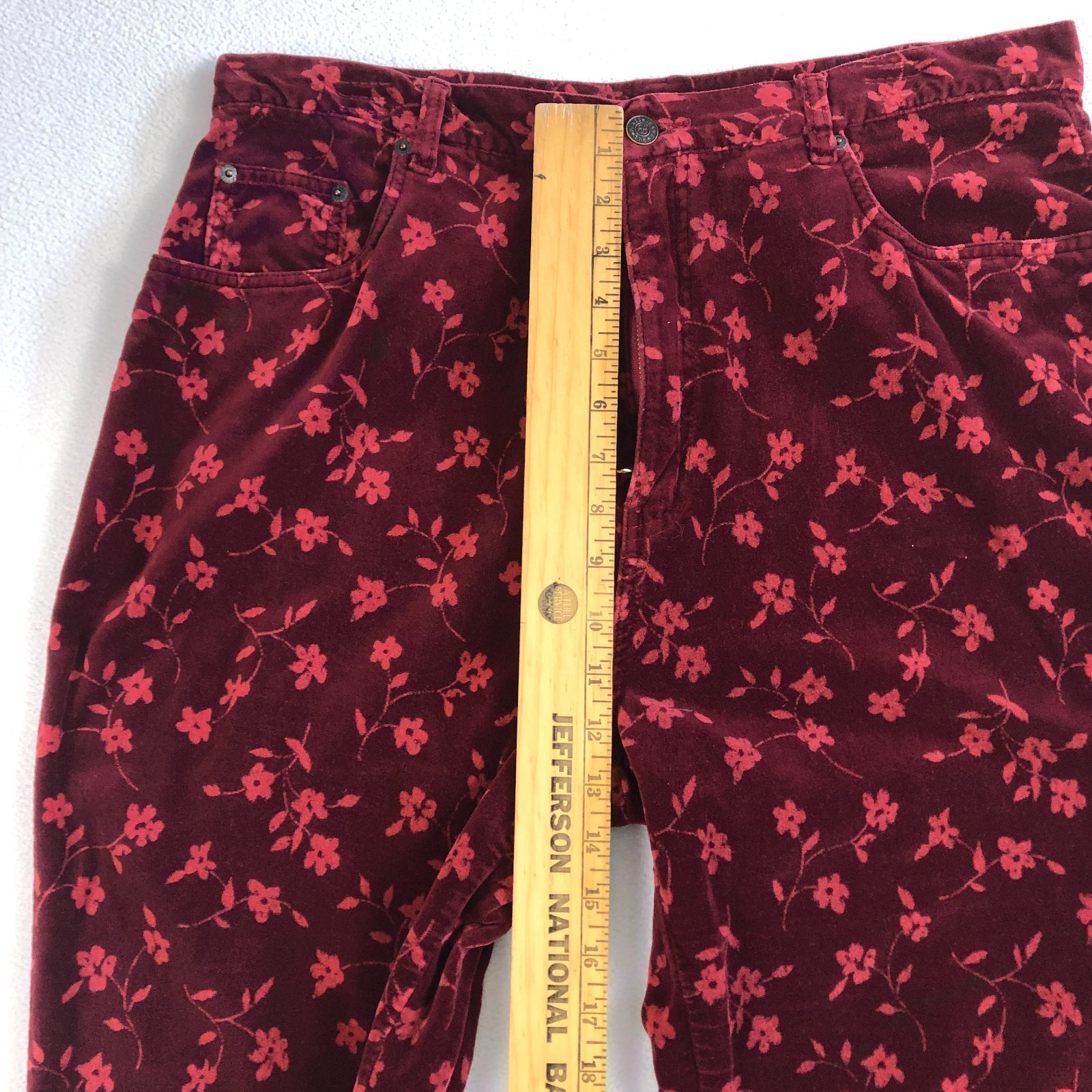 Bill Blass Burgundy Floral Velvet pants Vintage 1990s easy fit Size 16 Waist 34″