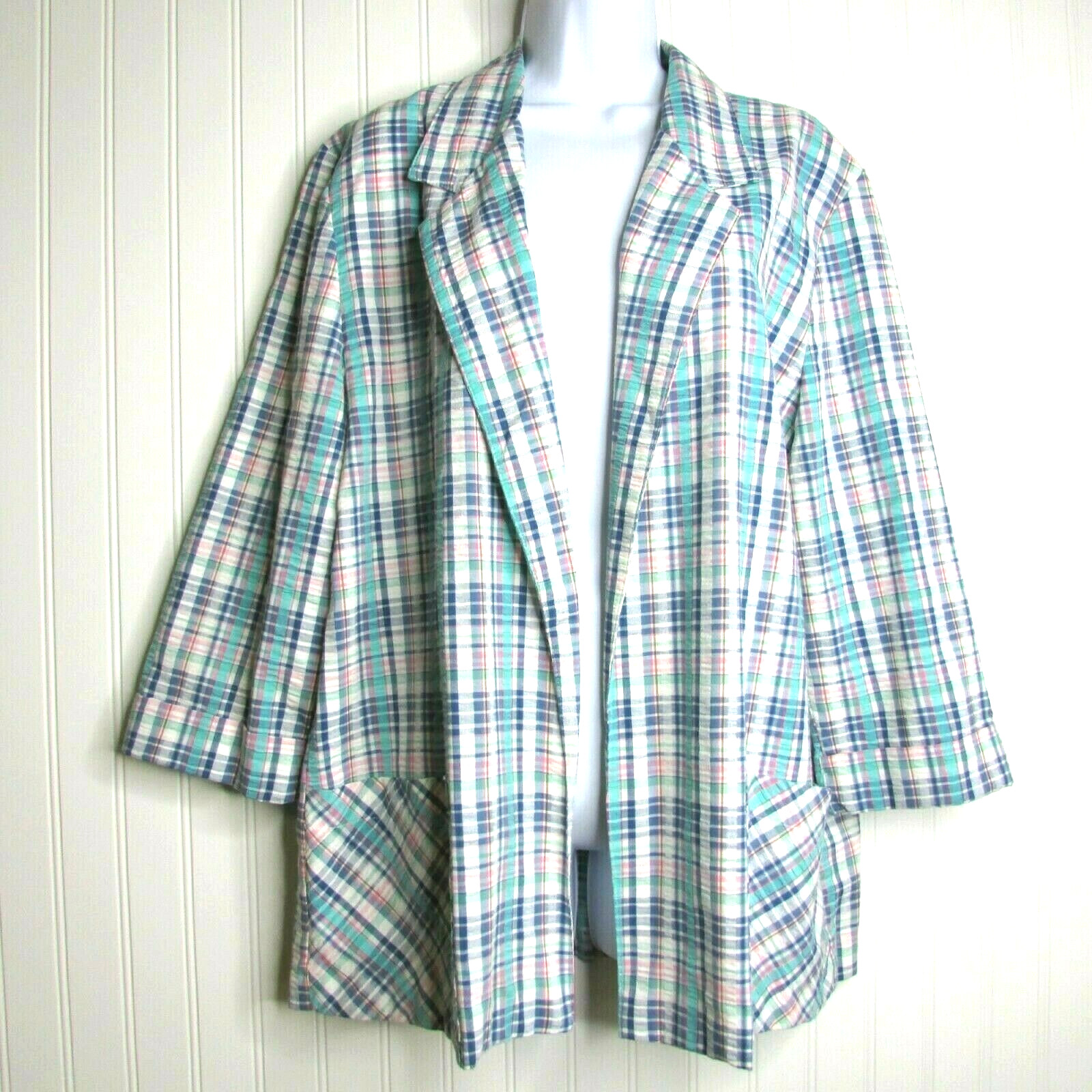 Vintage Blue Plaid Seersucker Jacket Blazer Size 14 Coastal Pockets Open Front