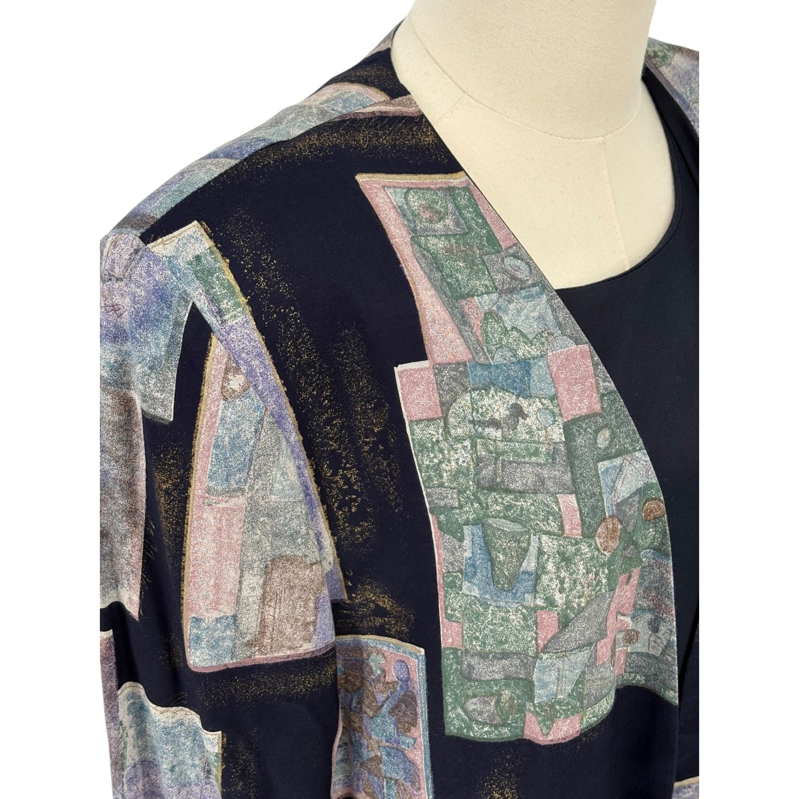 K.C. Spencer Vintage 2-Piece Dress Set Navy Abstract Gold 100% Rayon Size 12