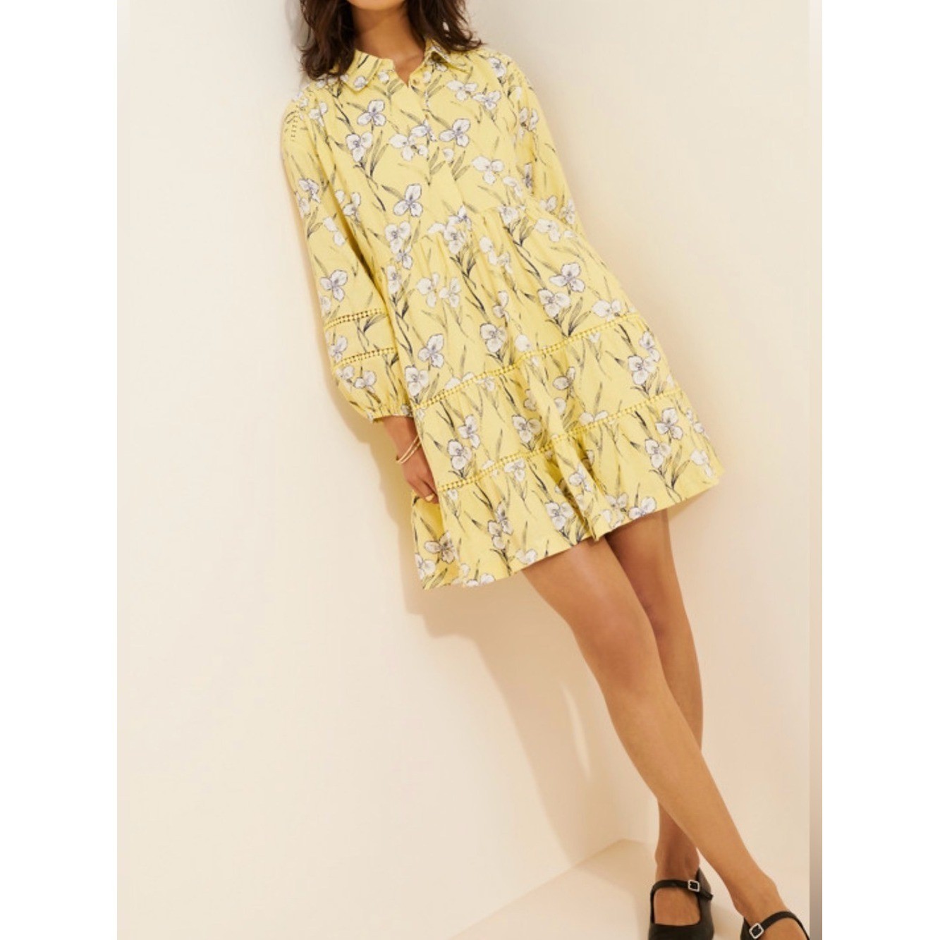 Anthropologie Maeve Bettina Mini Shirt Dress Linen Yellow Floral Size Small New