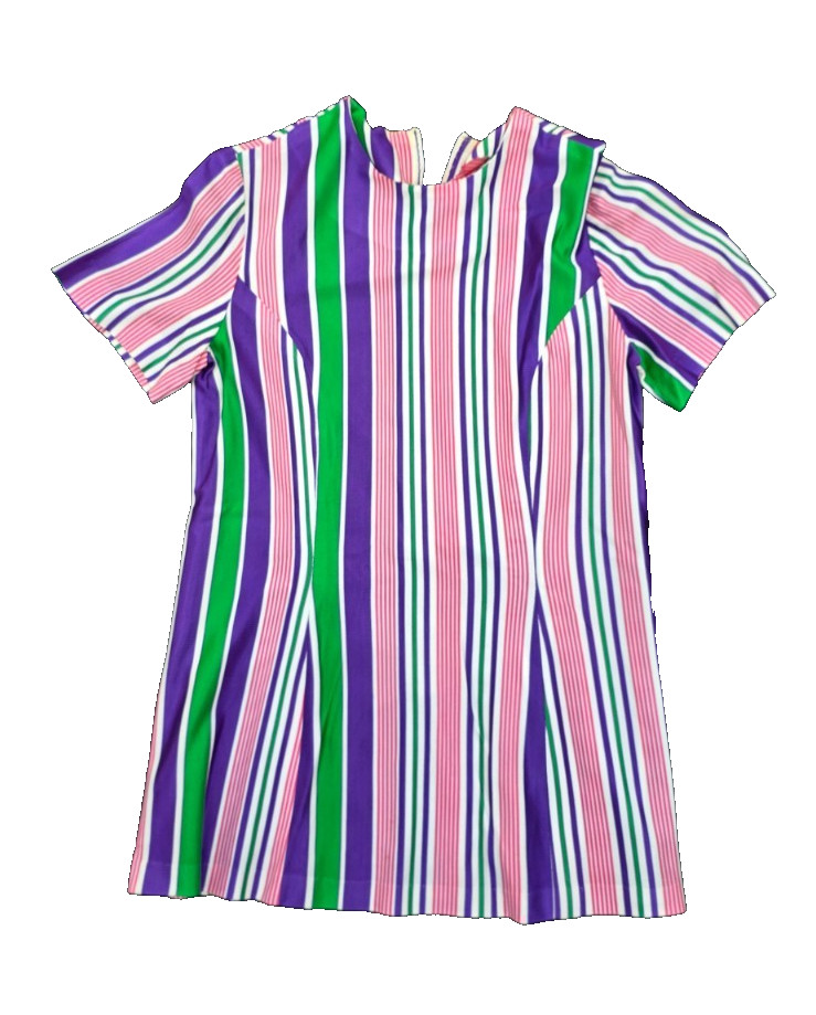 Vintage 1960s pink/green/purple striped print shift mini dress size S