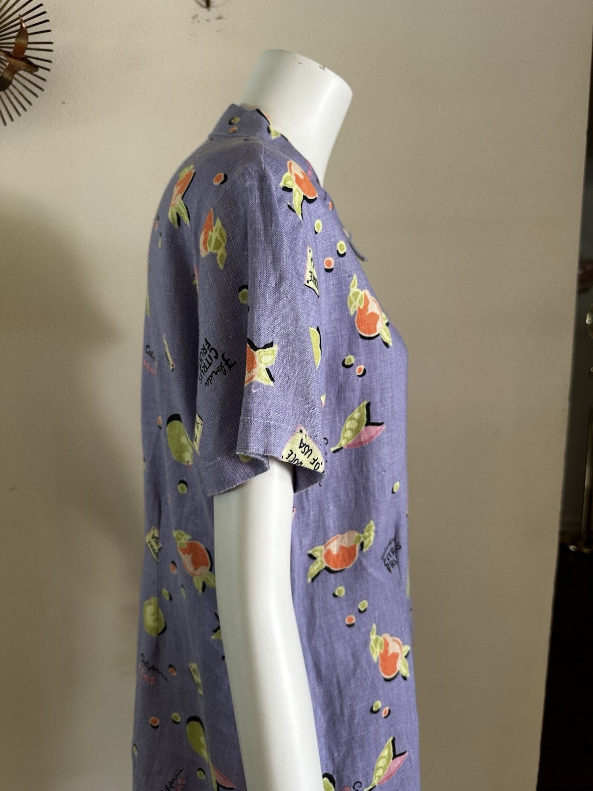 Vintage 90s Linen Novelty Citrus Fruit Shirt Dress Purple Button Front Kiko S M