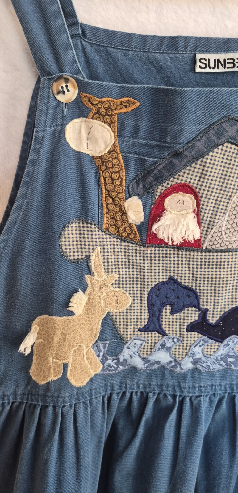 Vintage Sunbelt Noahs Ark Applique Denim Jumper Dress 90s Cottagecore M Folk Art
