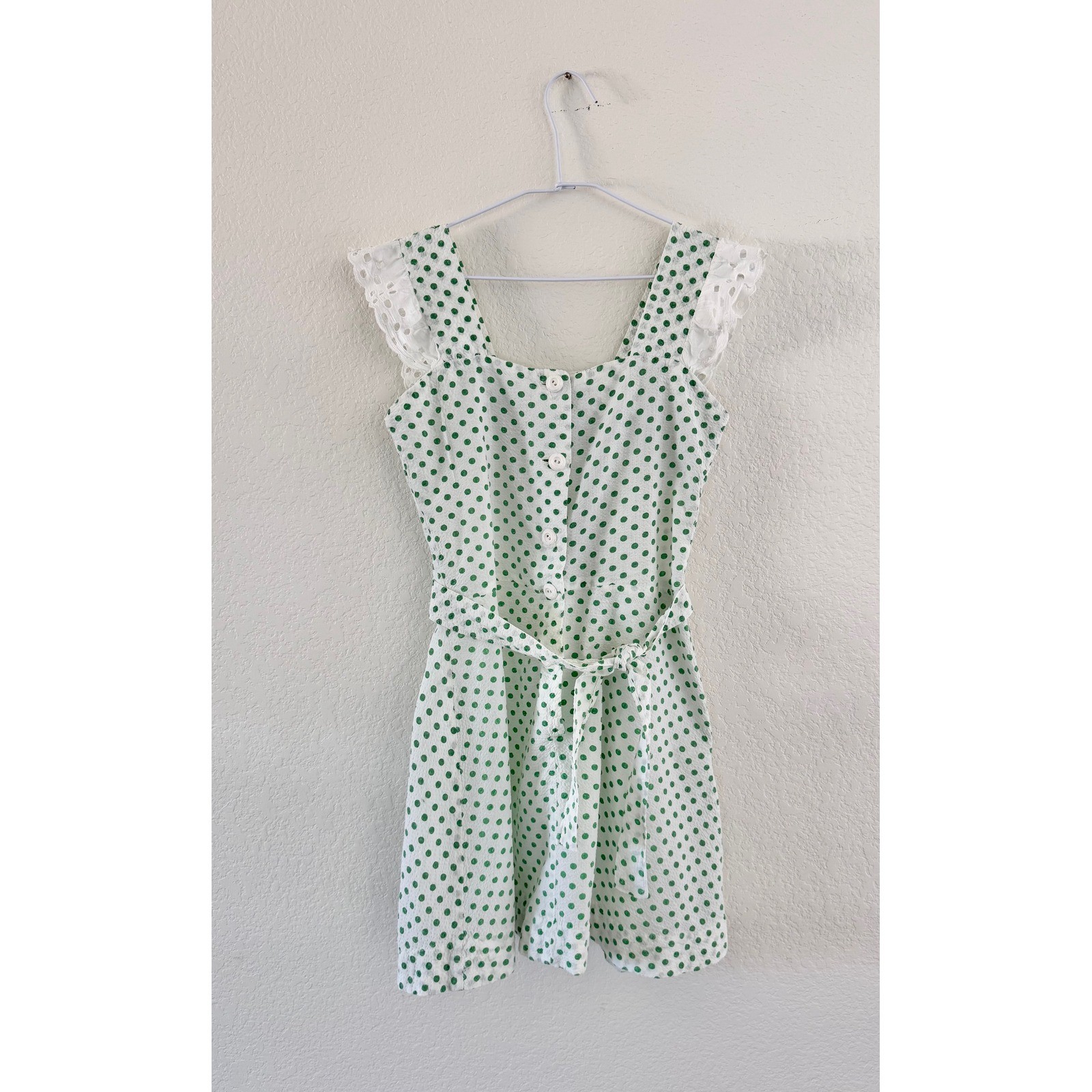 Vintage Polka Dot Seersucker Dress Women Small Green White Eyelet Lace Button Up