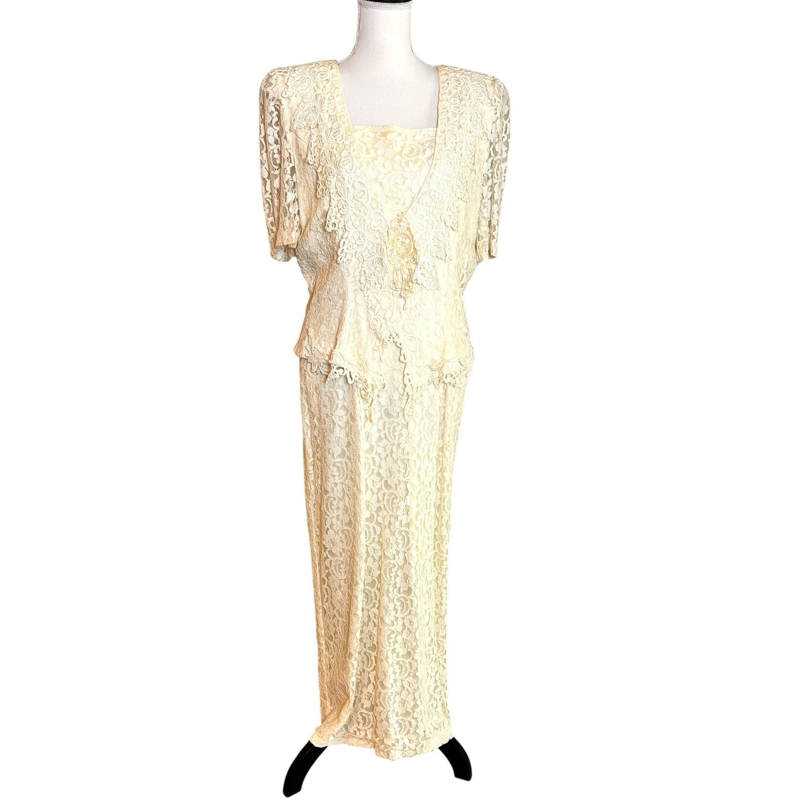 Vintage 90s Celavie Lace Overlay Maxi Dress Ivory Beaded Mother Bride Formal XL