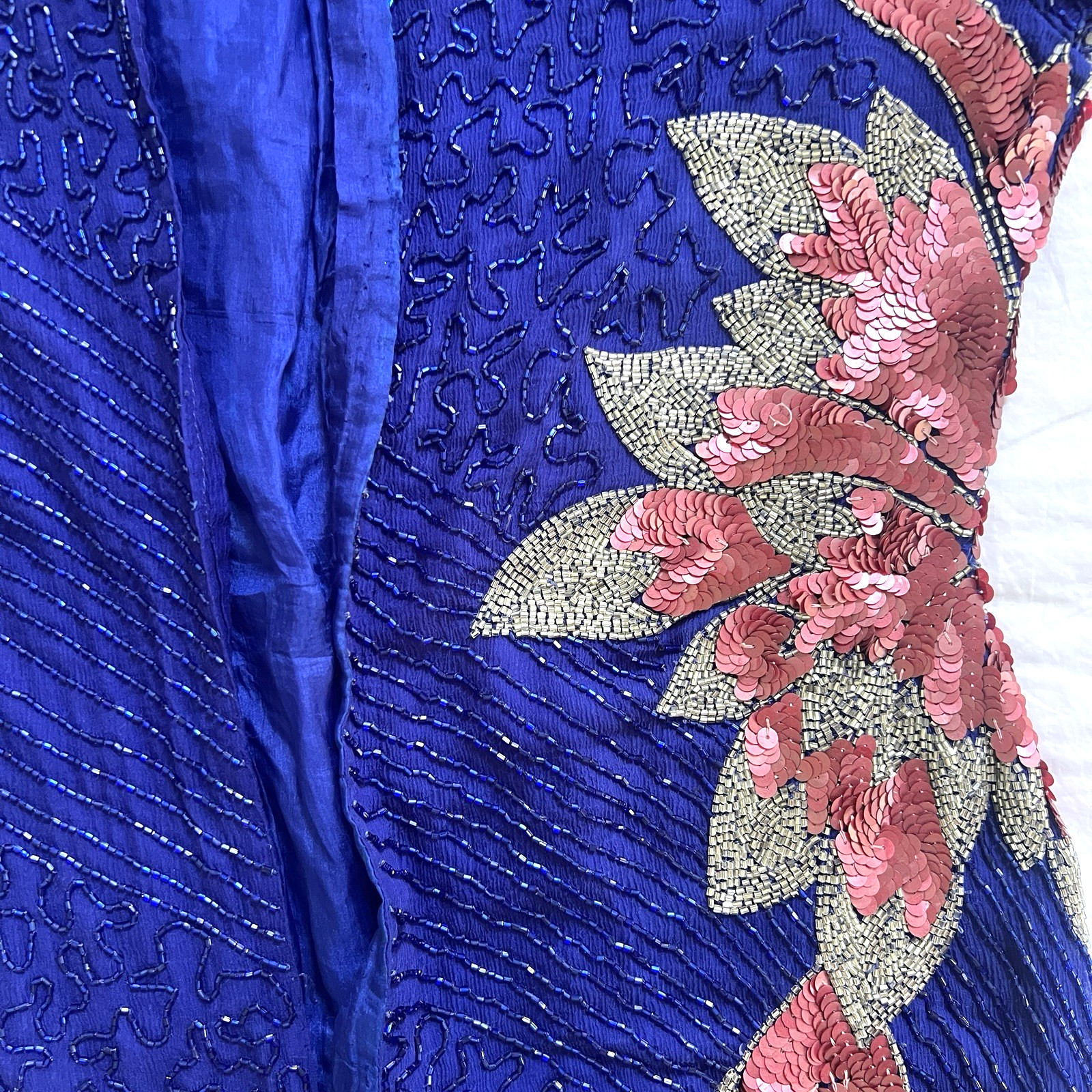 Vintage 80s Cobalt Blue Pink Silk Beaded Floral Maxi Duster Jacket Sequin