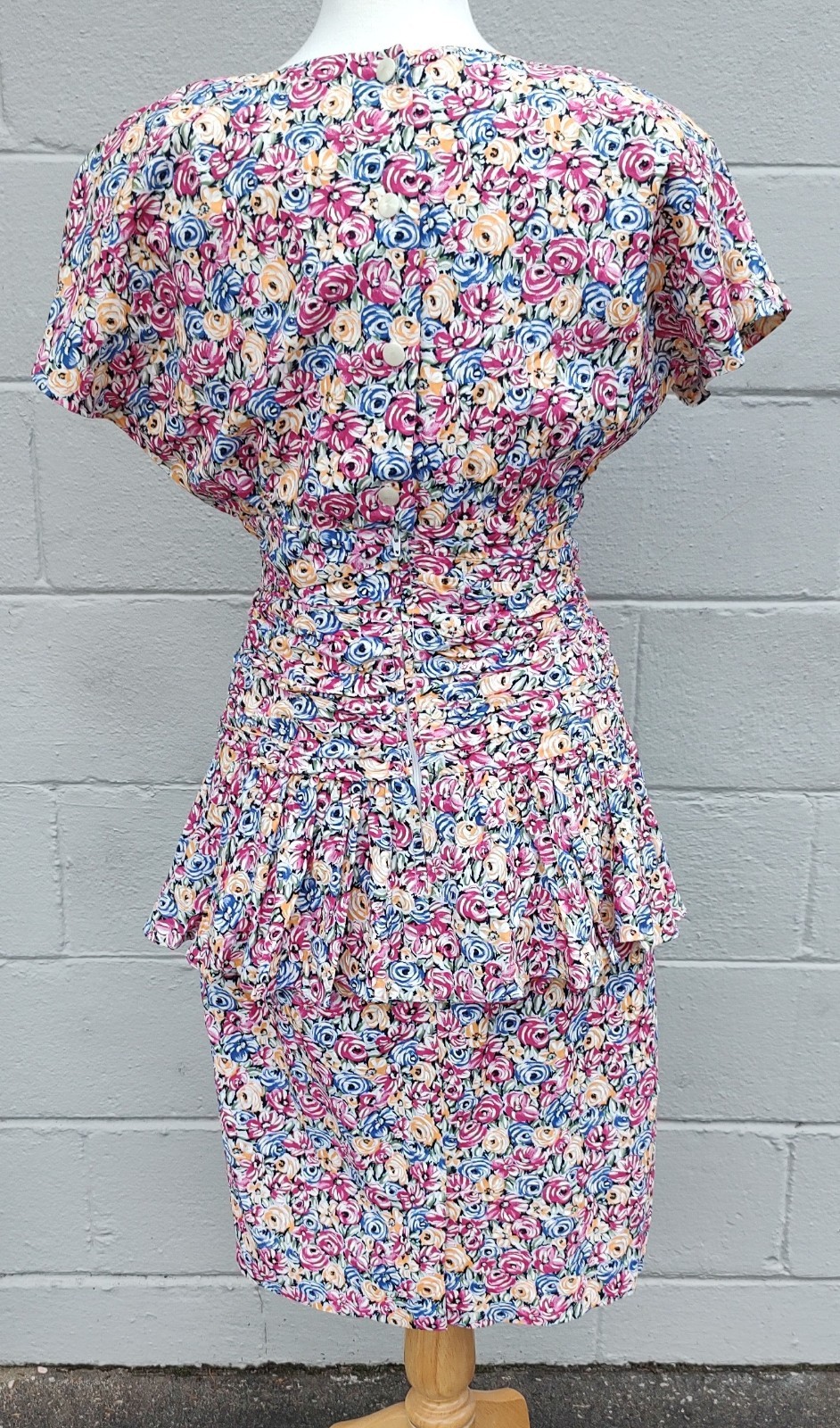 VTG 80s Jane Singer Rayon Floral Dress size 10 Drop Waist Ruffle Peplum USA Made