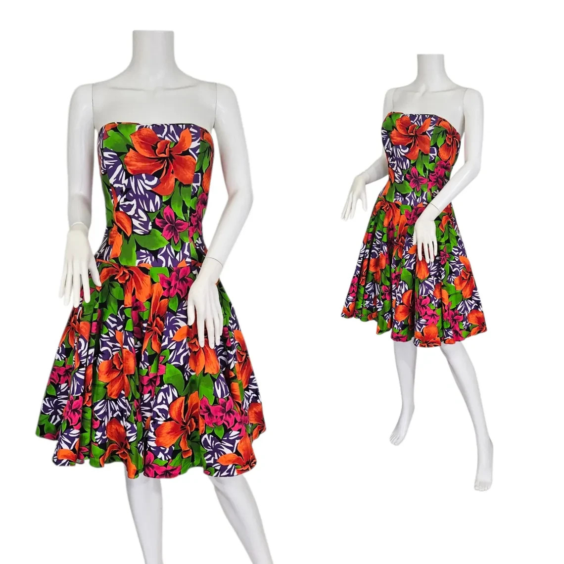 A.J.Barj 1980s Tropical Print Green Black Strapless Fit & Flare Dress I Sz Med