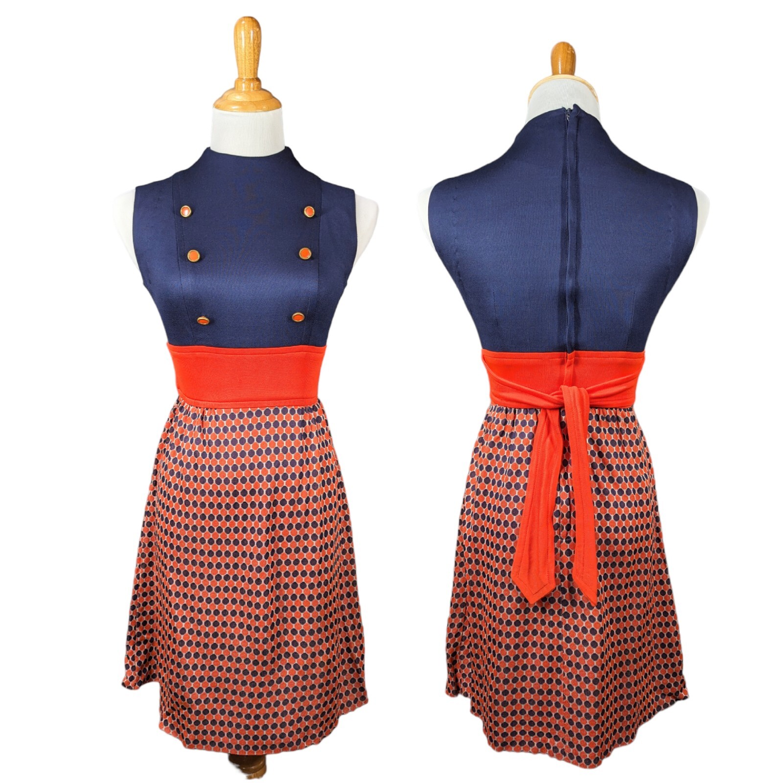 1960’s Vintage Gay Gibson Red And Blue Dots Mini Polyester Dress SM RETRO MOD