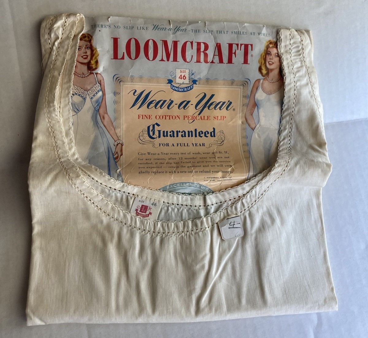 New Loomcraft Size 46 100% Cotton Percale Slip Fine Hi-Count Cotton Slip NOS