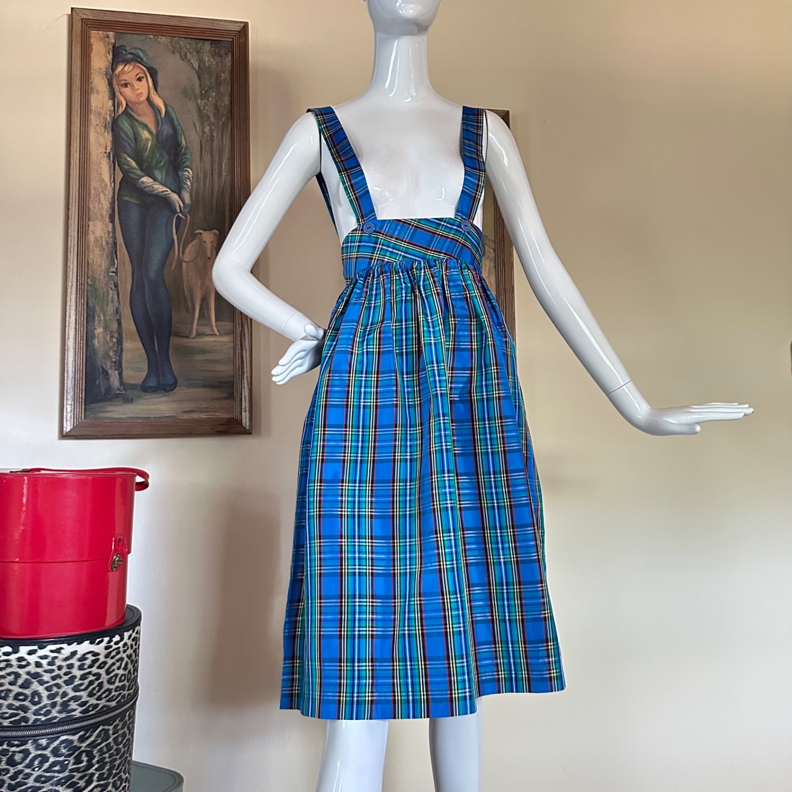 Vintage 1980s Preppy Punk School Uniform Plaid Suspender Jumper Skirt Dress S