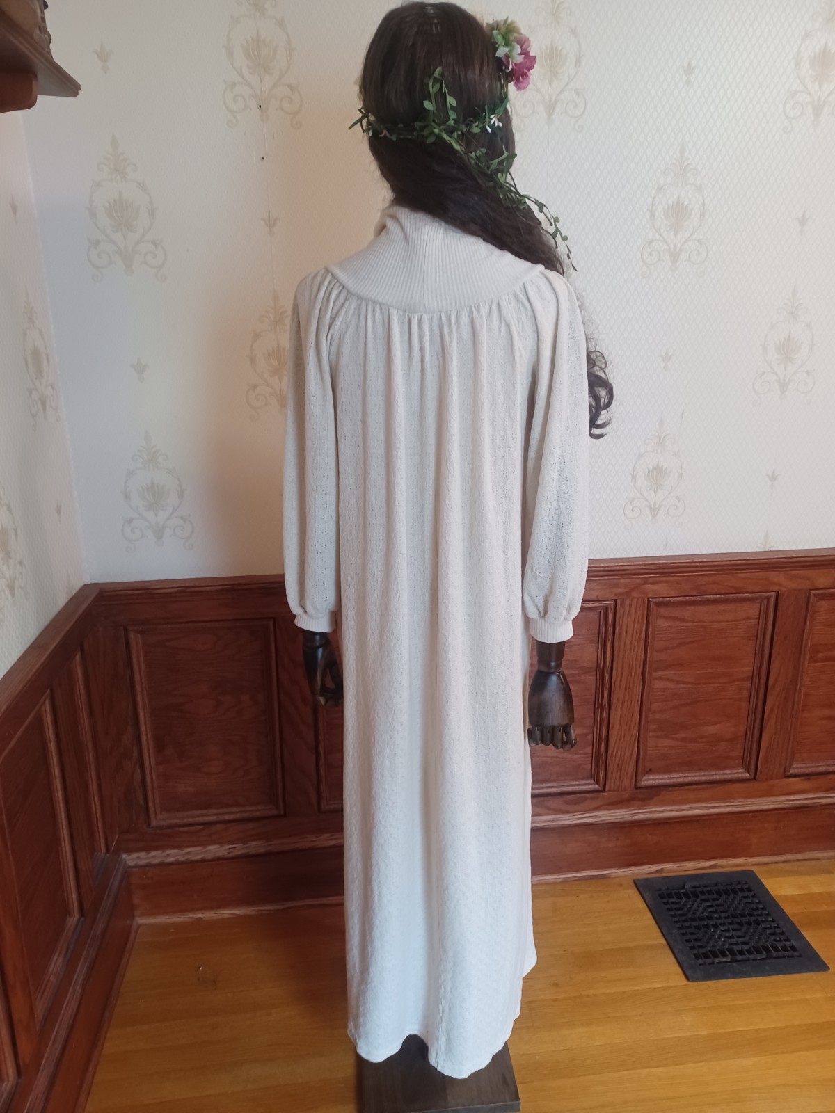 Vintage 1970s R. Michael Allen Ivory Boho Prairie Cowl Neck Knit Hostess Dress