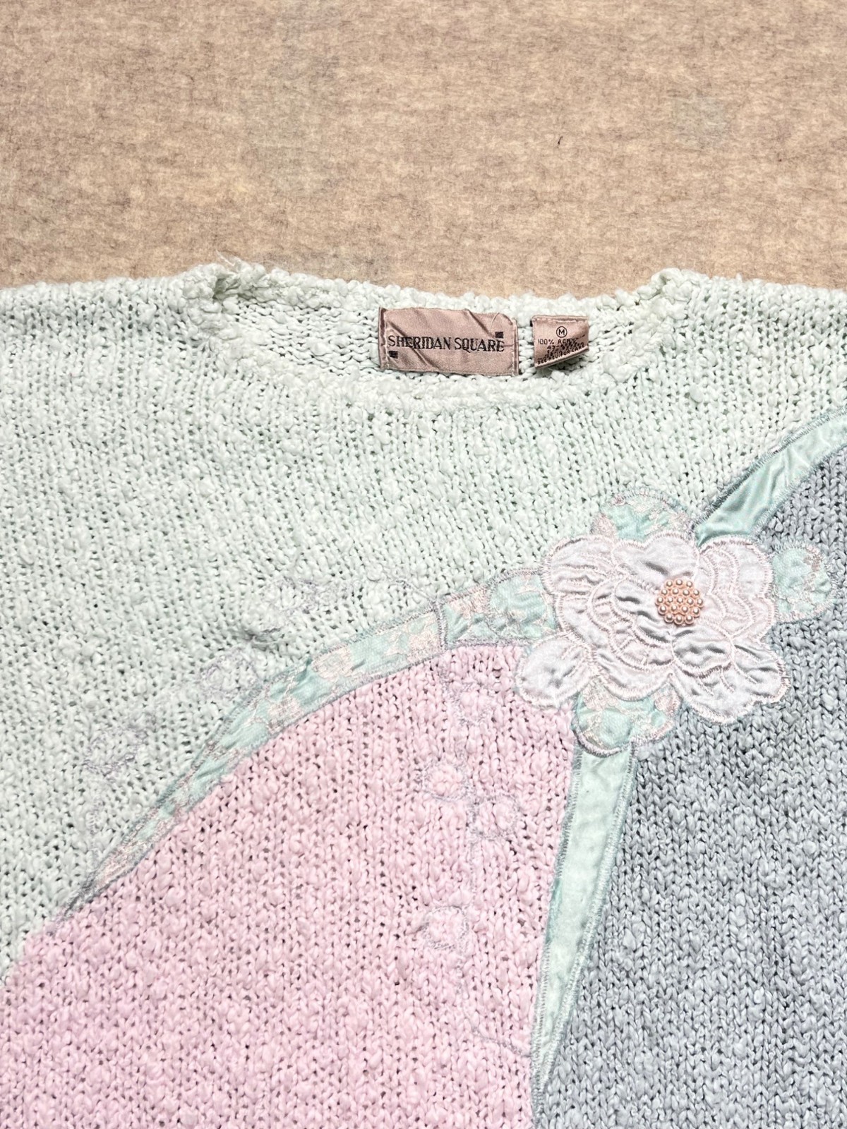 Vintage Sweater Pastel Floral Applique Embroidery Beads 80s Blue Pink Med