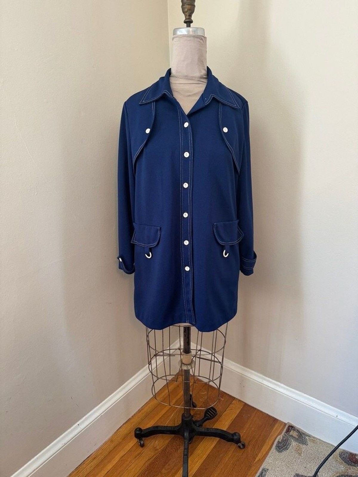 Vintage Navy Poly Car Coat with White Buttons and stitching details – NPC fashio