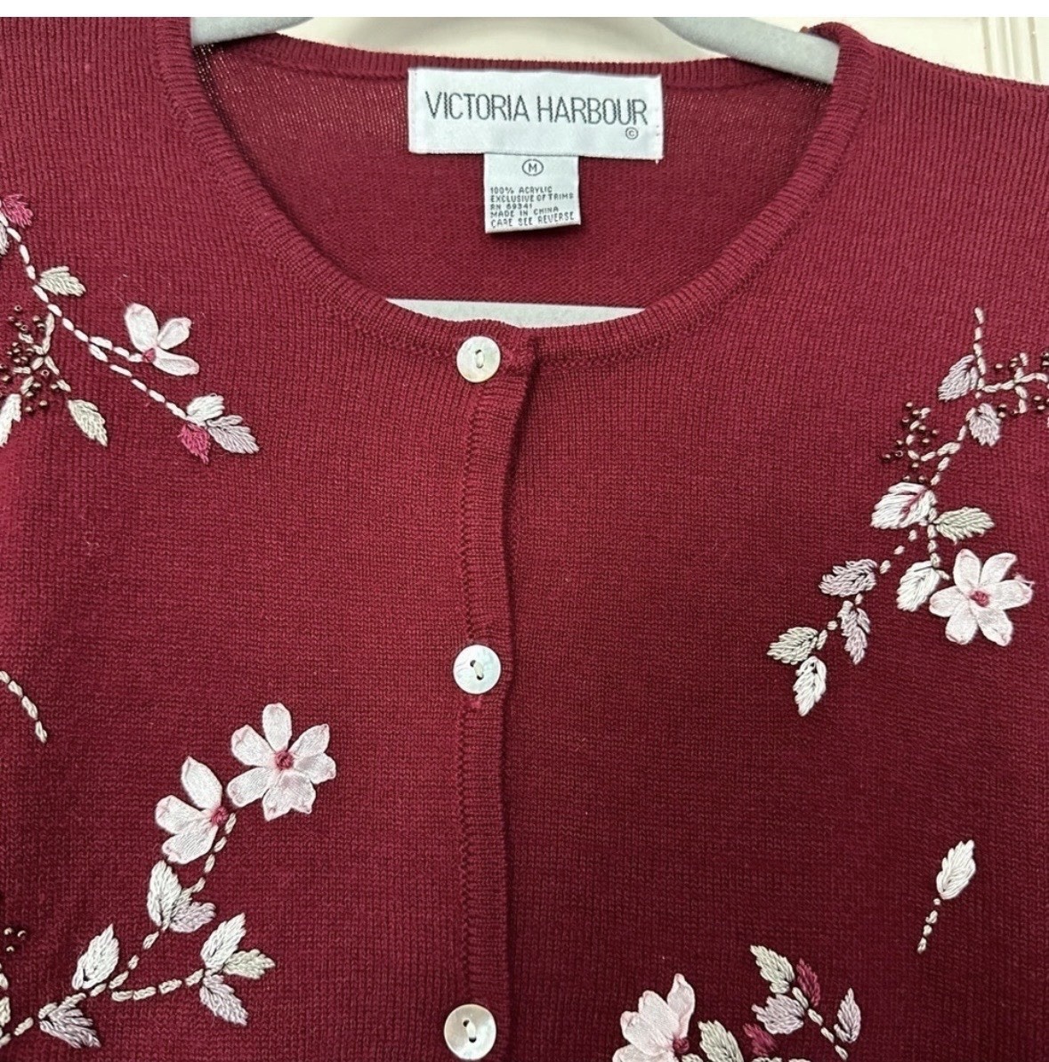 Victoria Harbour Vtg Cardigan Burgandy Beaded Cottagecore Granny Embroidery Sz M