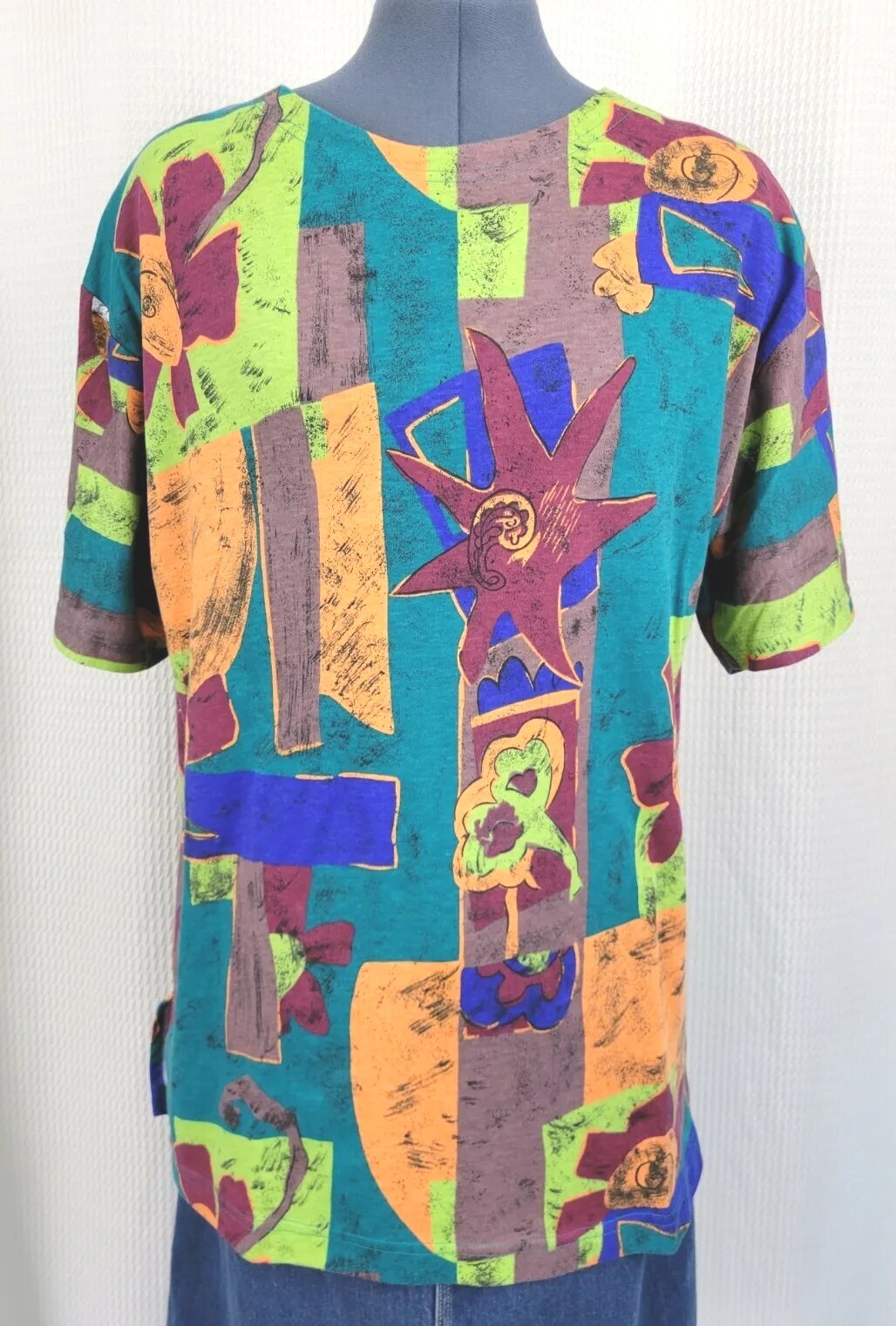 Vintage Forenza Graphic Print Tee in Teal/Burgundy/Orange/Brown/Blue Sz Large