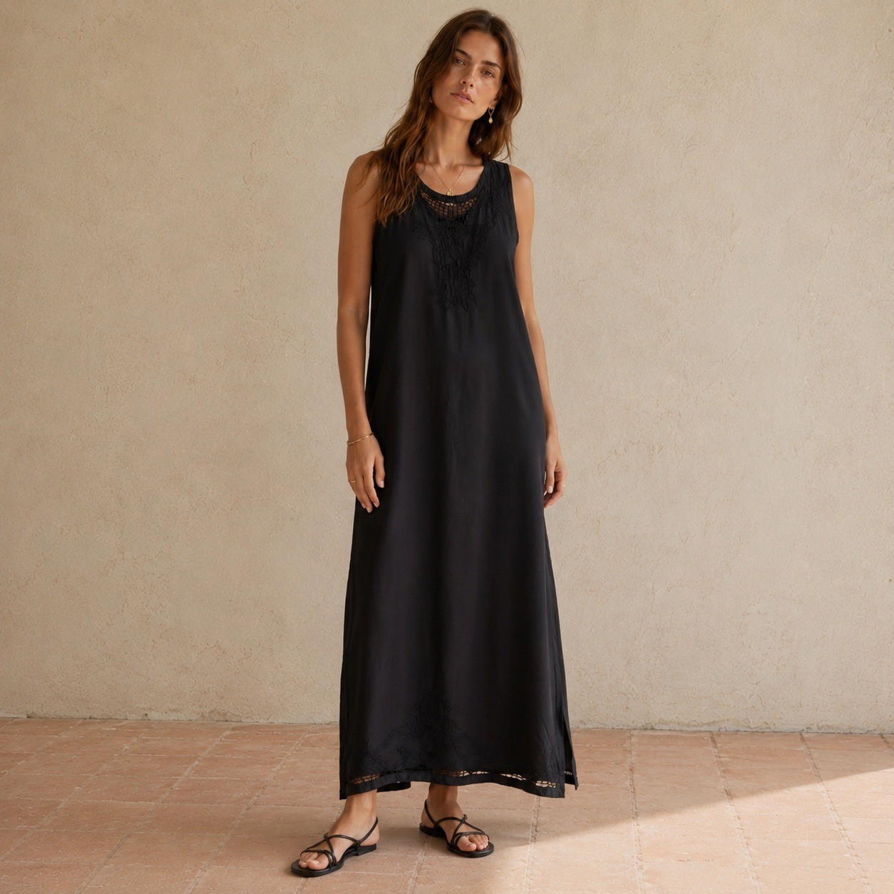 Vtg 90s Maxi Dress Crochet Lace Neckline Floral Embroidery Minimalist Boho S