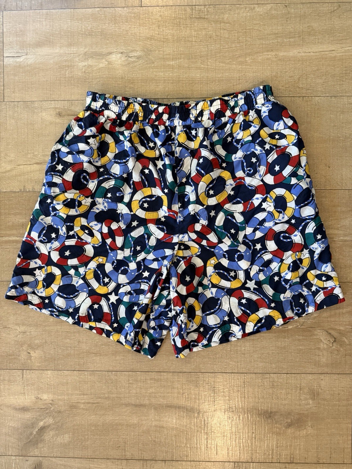 Vintage Silk Nautical Lifebuoy Print Shorts – Navy red Multicolor novelty Large
