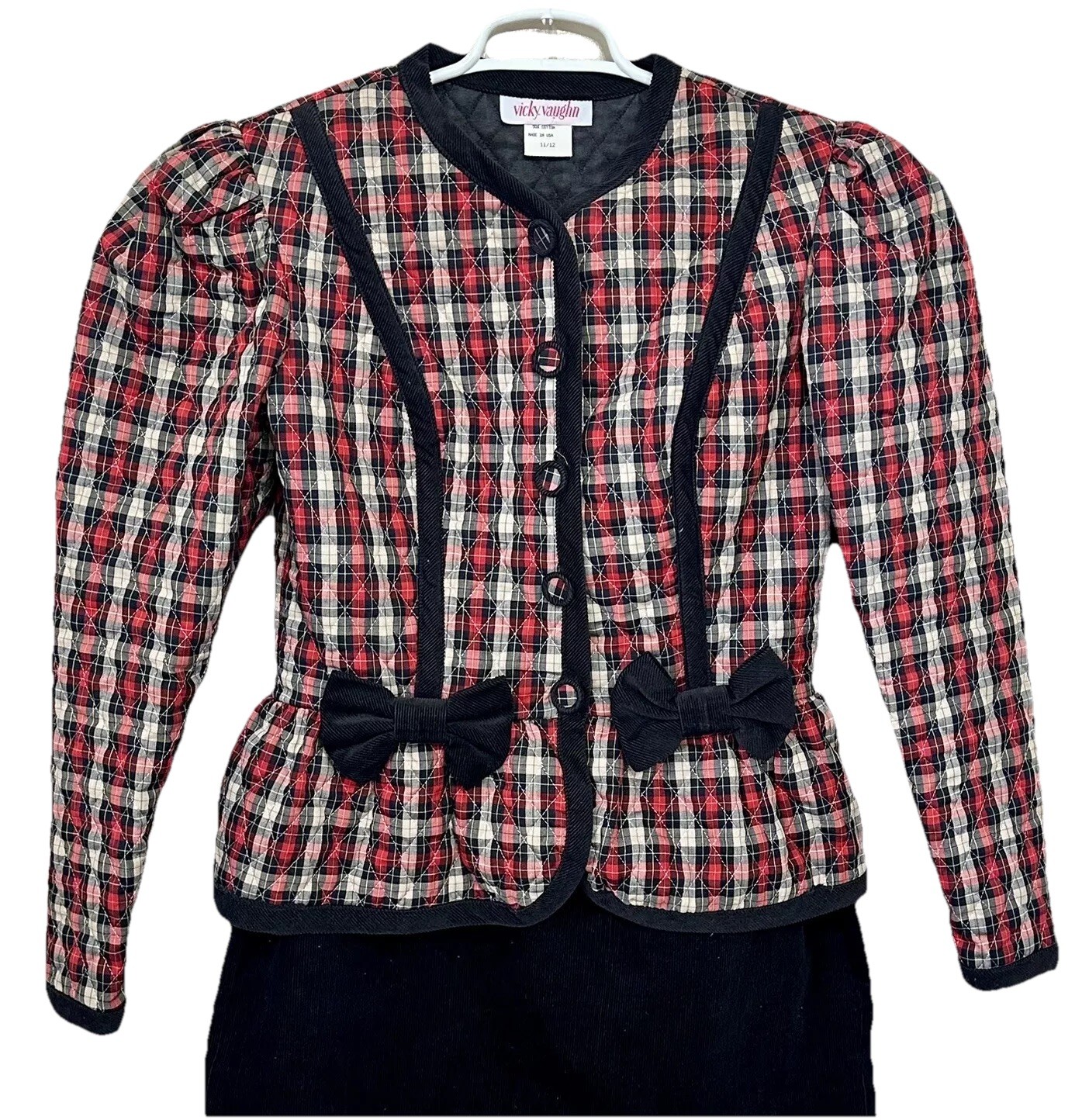 Vtg Vicky Vaughn Dress Suit Women 11/12 80s OfficePlaid Quilted Jacket Corduroy