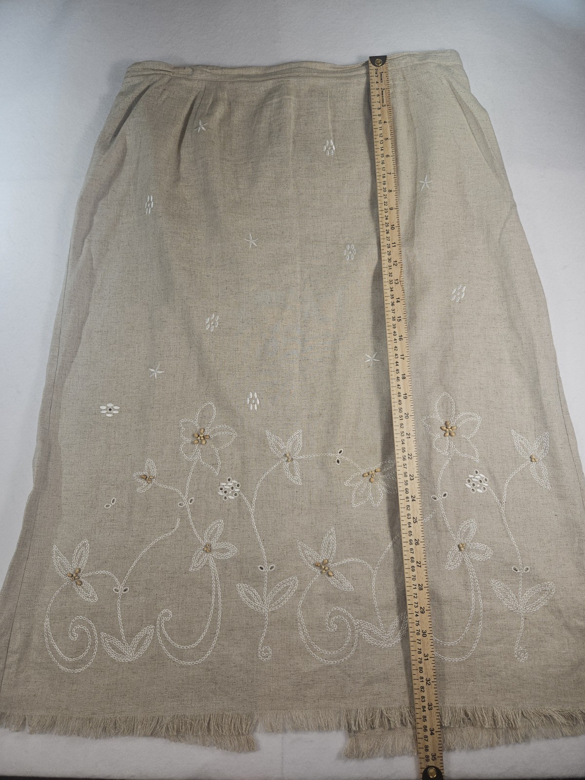 Requirements Woman Vintage Tan Beaded Embroidery Eyelet Linen Blend Maxi Boho 1X