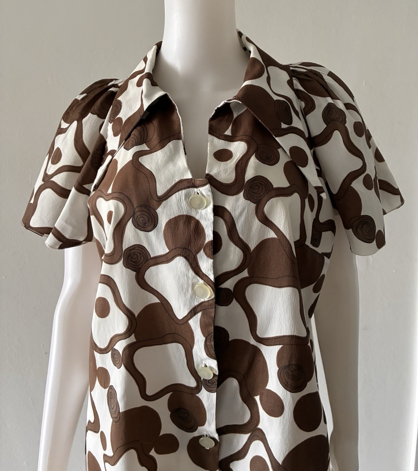 Vintage 70s Brown White Blouse Shirt Long Collar Size L