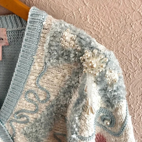 Jaclyn Smith Vintage Sweater Chunky Beaded 80s Pastel LARGE Coquette bows