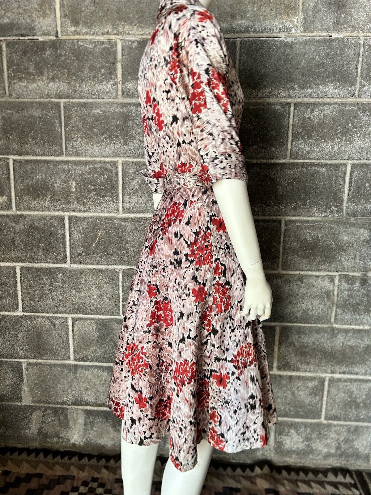 vtg 40s 50s abstract floral taffeta acetate cocktail collared Dress Rhinestones