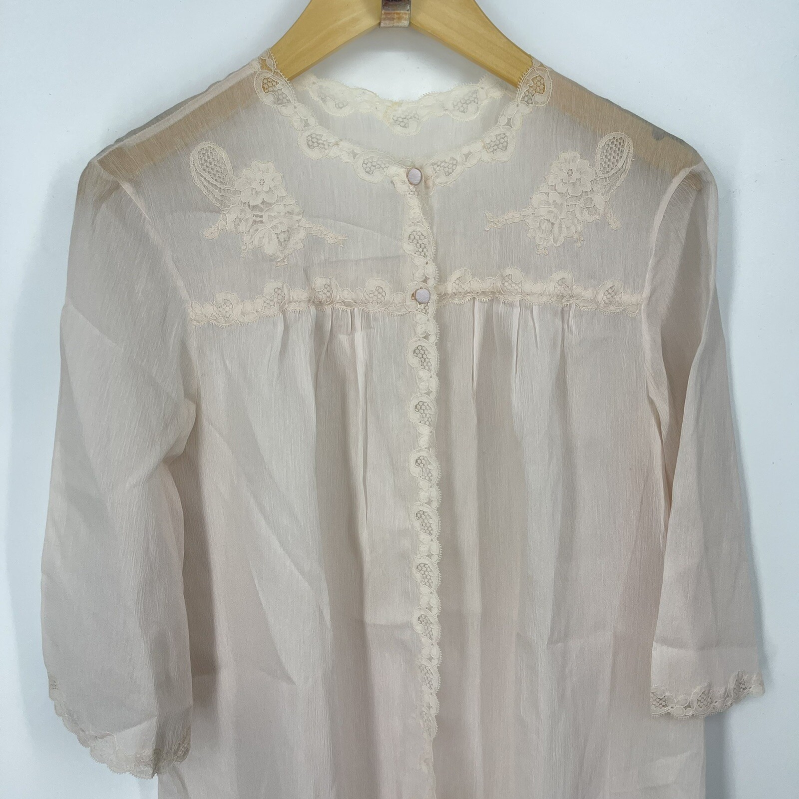 Vintage Lora France Robe Womens Medium Large Chiffon Lace Coquette Sissy READ