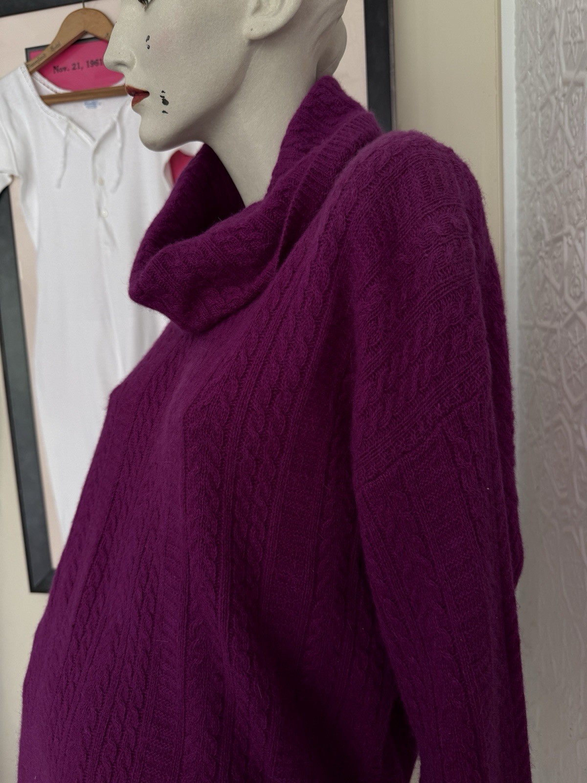 vintage sweater 1980s lambswool angora cable knit turtleneck pink M oversized