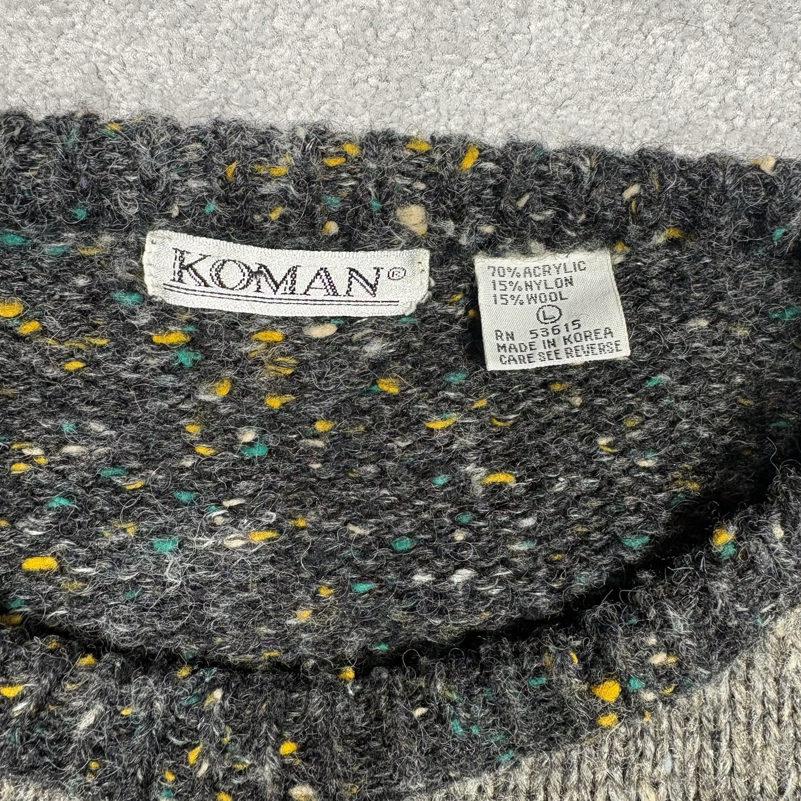 1980s Koman Knit Sweater Wool Blend Confetti Gray Geometric Size Large Vintage