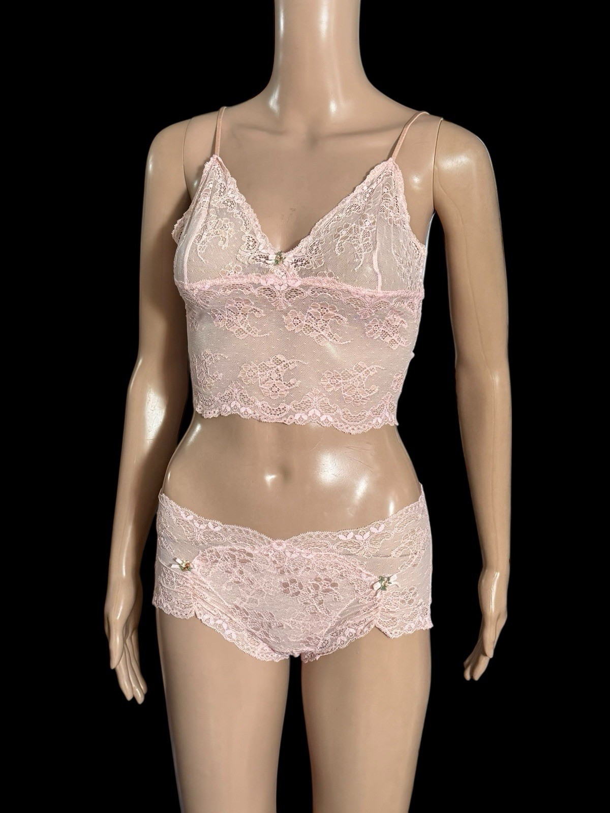 Victoria’s Secret Pink Victorian Sheer Lace Flowers Cami Panty Set Sz Small VTG