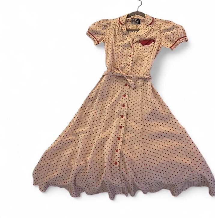 Foxy Lady SF Vintage 50s-Inspired Heart Polkadot Dress W/ Sash 70s Era Sz 3/4
