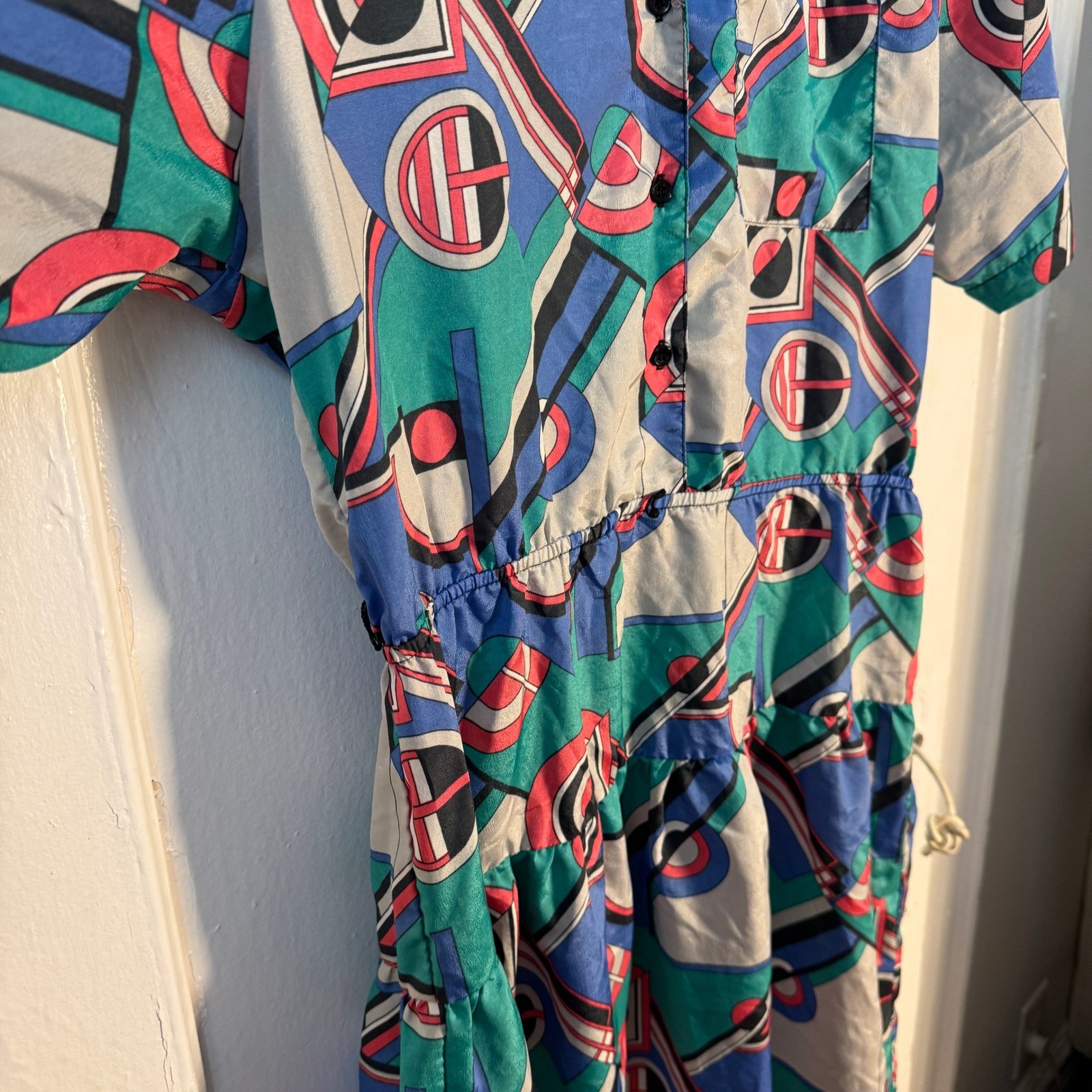 Memphis Vtg 80s Dress Geometric Allyson Holley Abstract Teal Blue L Maximalist