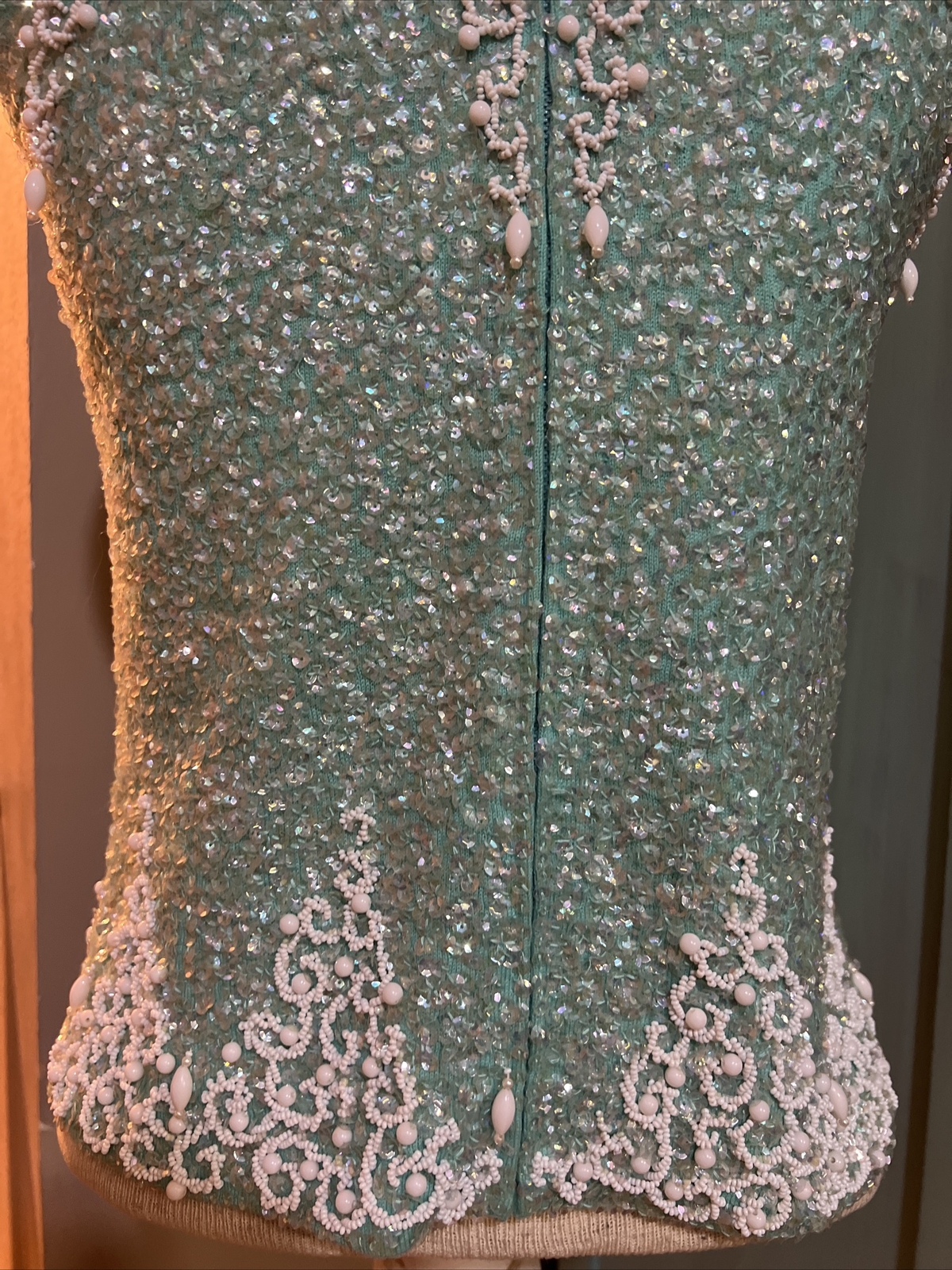 Vintage House of Gold Wool Heavily Blue Beaded Sequin Shirt Lined Zip Size 36