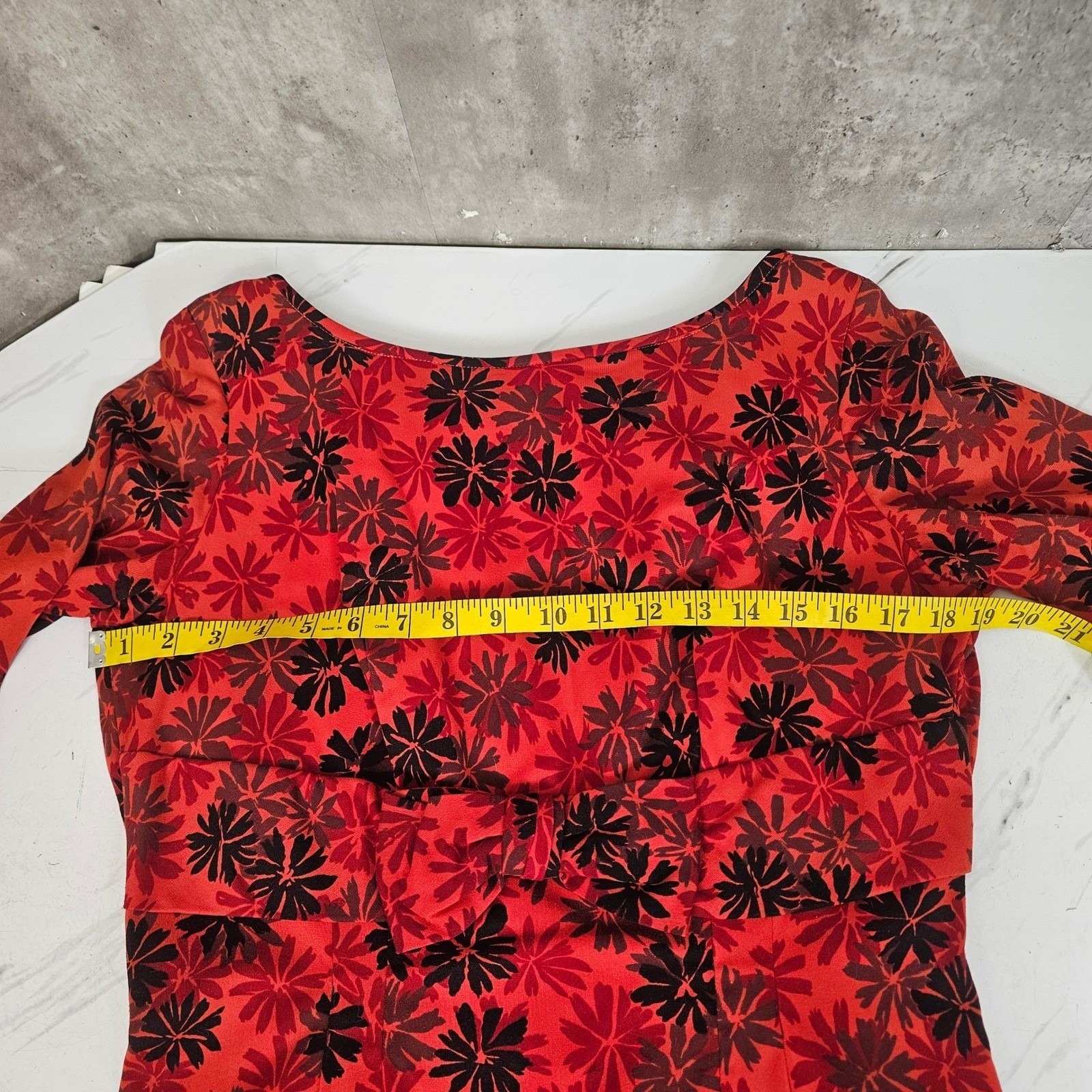 Vintage 60s Red Black Floral Wiggle Draped Back Dress Bow Waist Cocktail Party