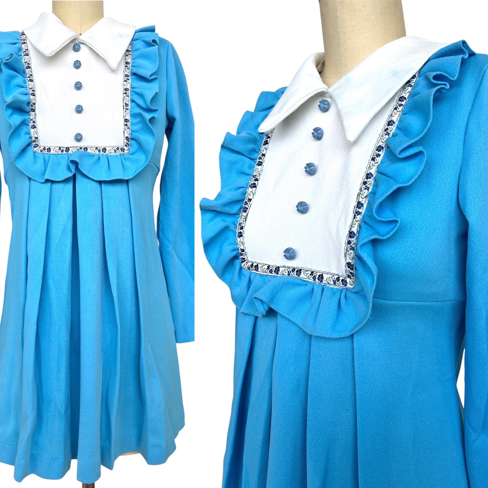 VTG 60s 70s Babydoll Pleat Mini Dress Blue White Ruffle Bib Collar Mod GoGo XS S