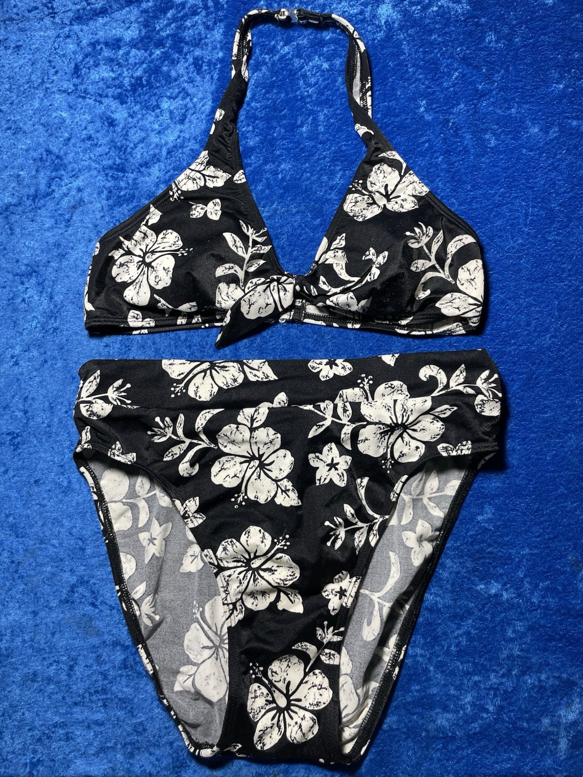 Vintage 90s Carabella Swimsuit High Cut Bikini Black White Tropical Floral Med