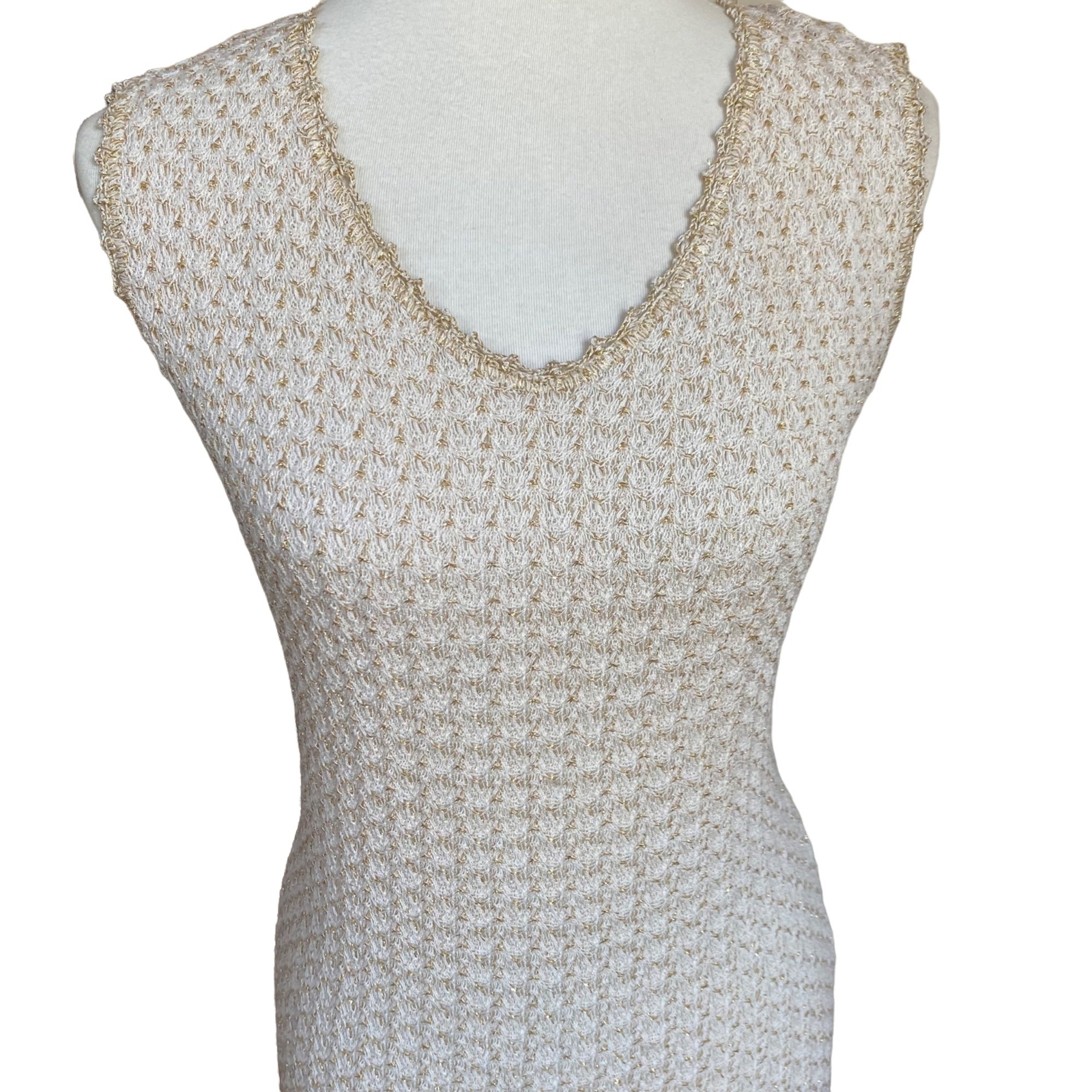 Vintage Crochet Dress Mod 60s 70s Sleeveless Boho Cream Metallic Gold Size Large