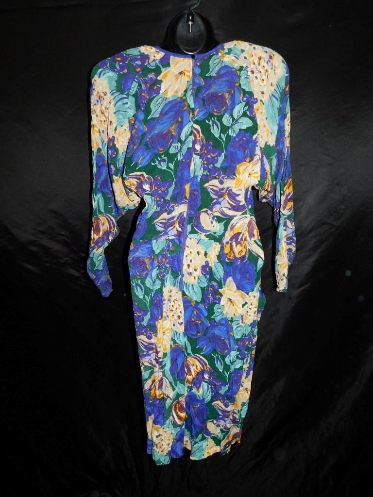 Vtg 80s Choon S Purple Yellow Floral Midi Shift Dress Pockets Blouson Textured