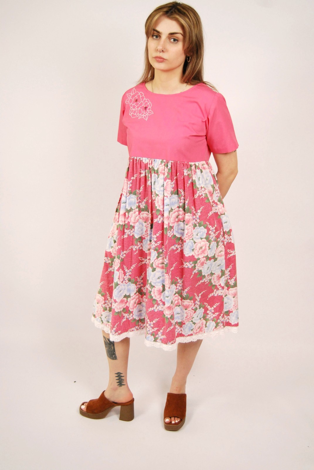 70s Babydoll Dress (2XL) pink vintage midi floral cottage retro rockabilly sweet